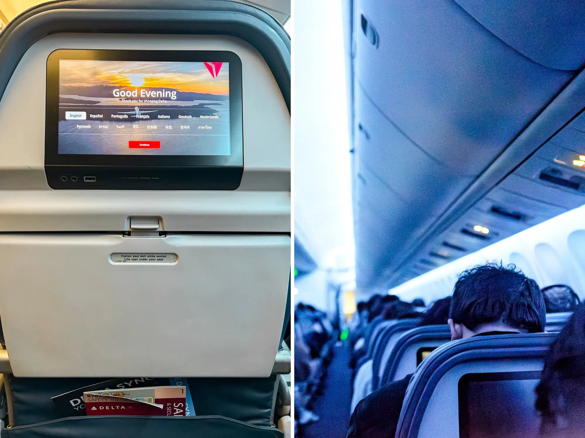 A composite image of the back of a plane seat with an entertainment screen and the backs of people's heads sitting on the plane