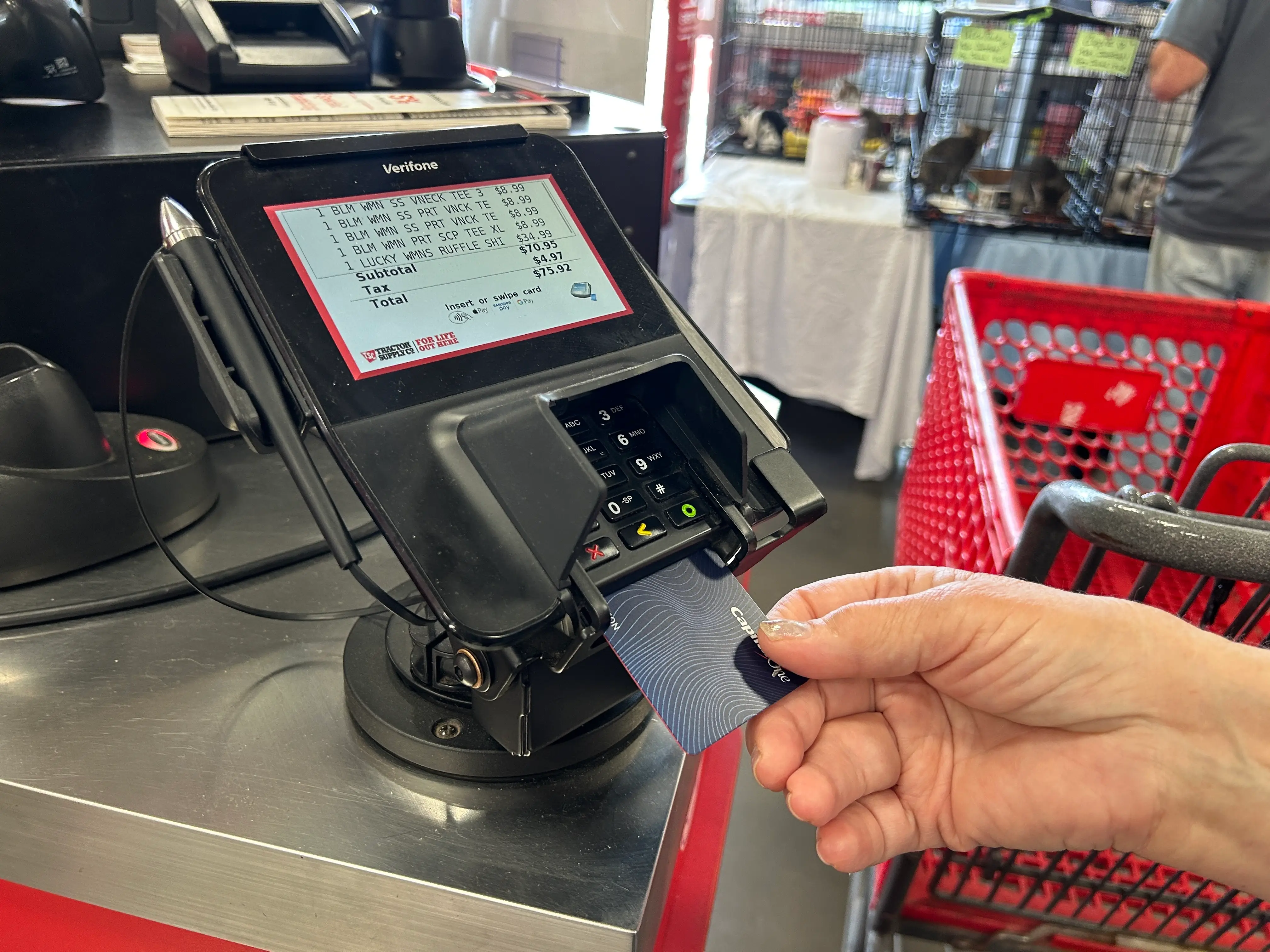 ractor Supply Company store, woman using credit card at check out, Denver, North Carolina. (Photo by: Lindsey Nicholson/UCG/Universal Images Group via Getty Images)