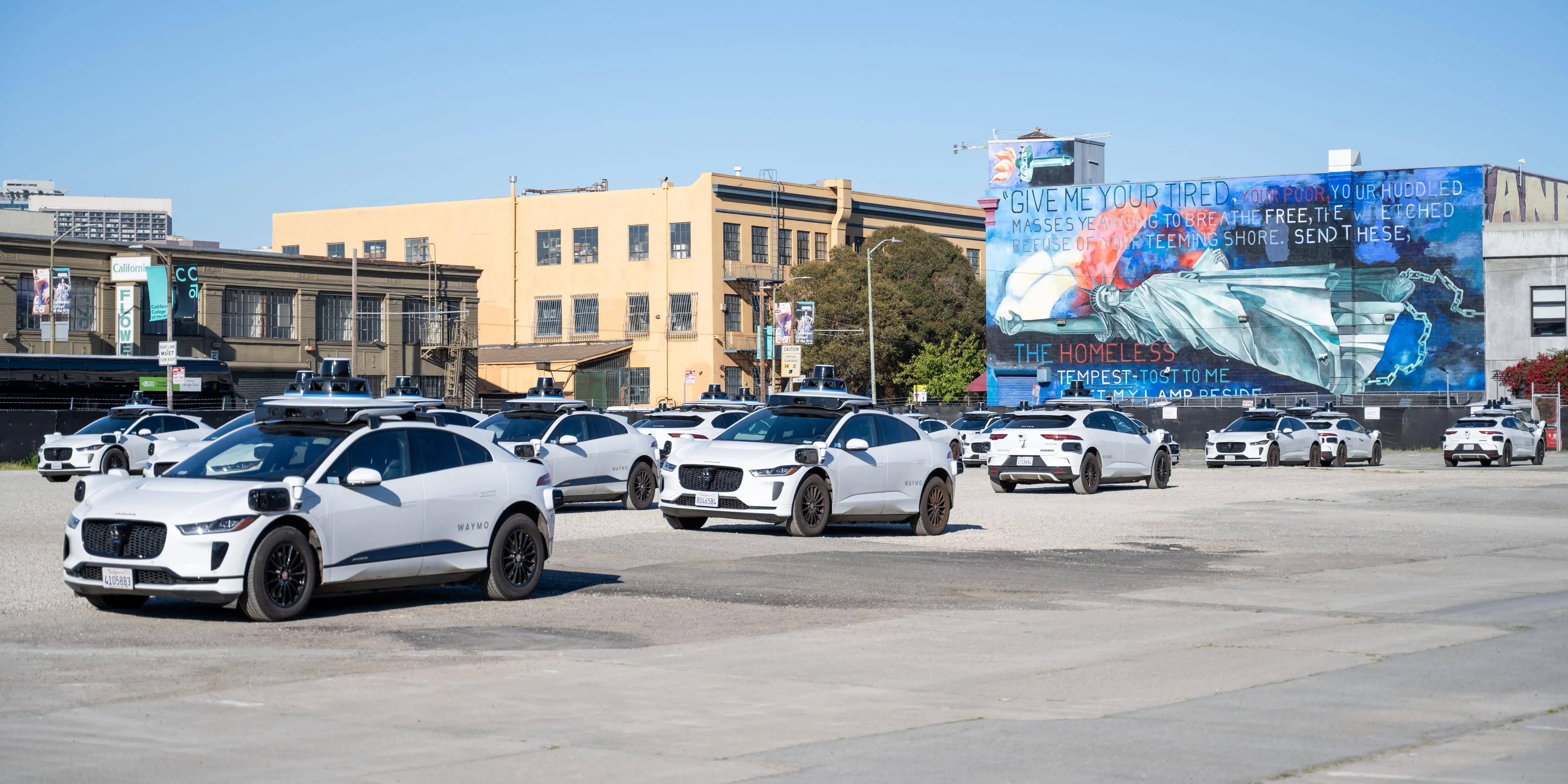A line of Waymo robotaxis