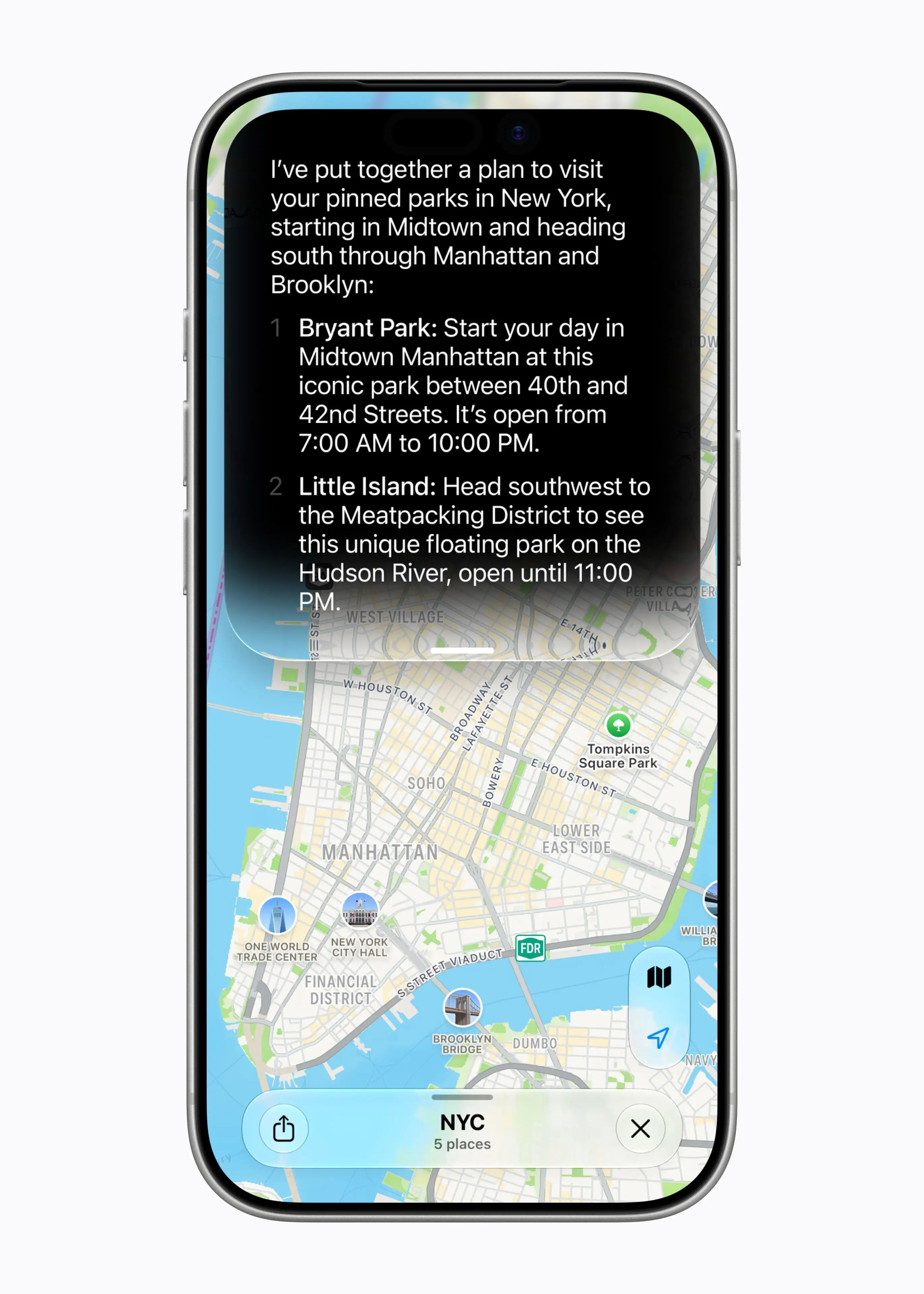 iPhone with new AI-powered Siri dialogue on top of a map