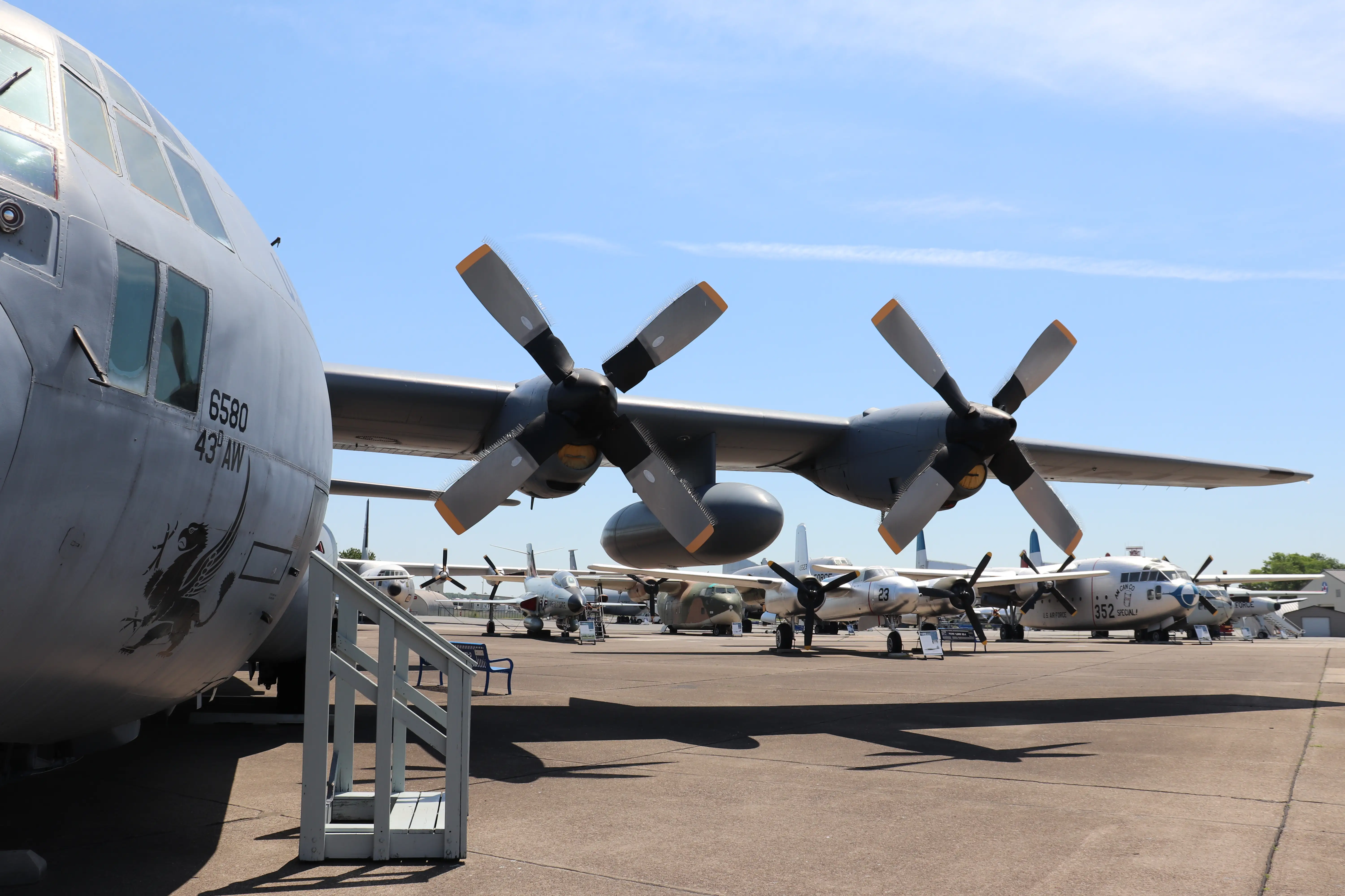 Four-bladed propellers on a C-130E Hercules.