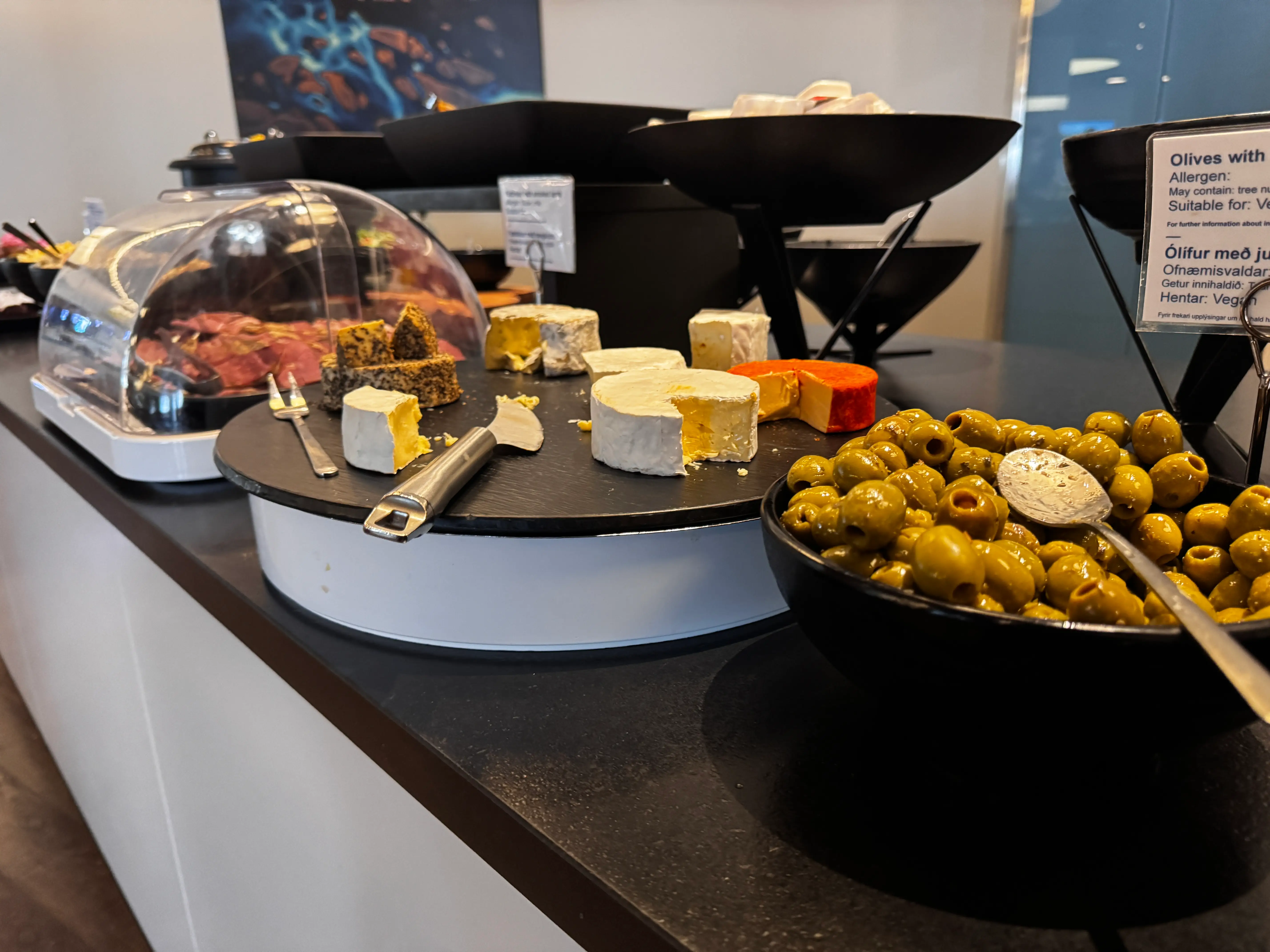 Display of buffet-style food in airport lounge