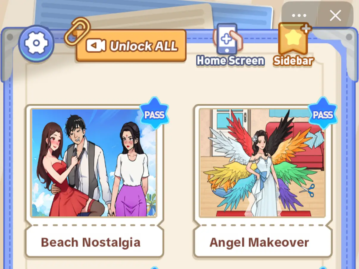 Mobile game level selection screen shows six illustrated challenge cards with pass badges and navigation buttons.