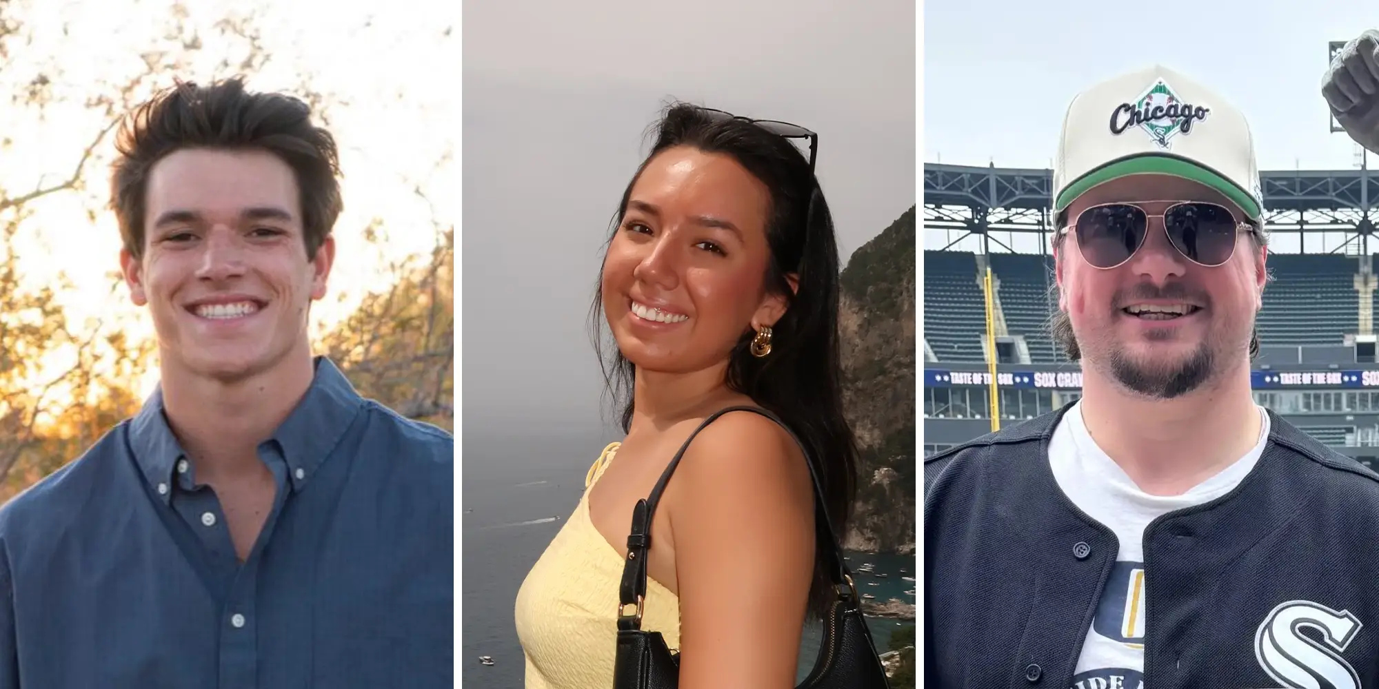 Side-by-side photos of three young people smiling at a camera.