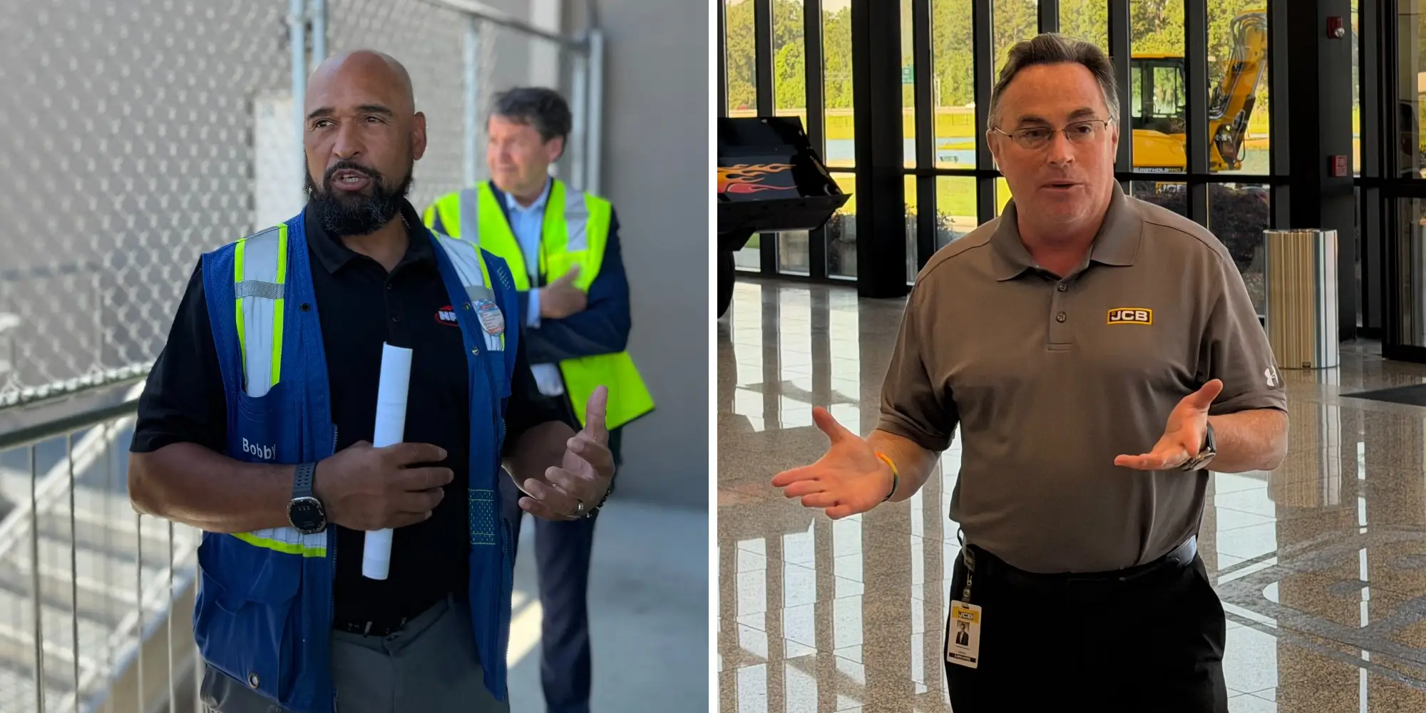 Arthur Hutton and Ken Bianco speak in separate industrial and lobby settings, one wearing a safety vest and one a JCB polo.