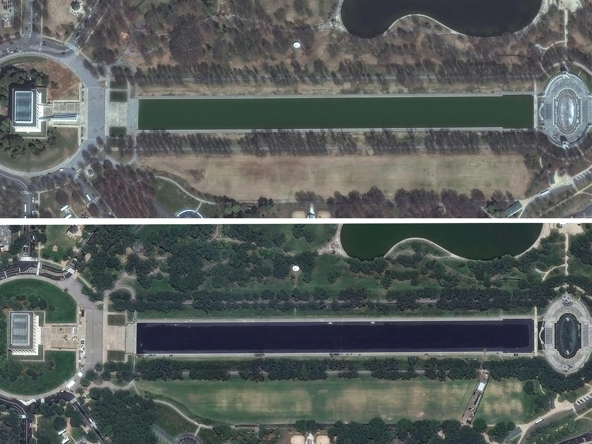 Horizontal split image of satellite footage showing the before and after of the Lincoln Memorial Reflecting Pool along the National Mall in Washington, DC
