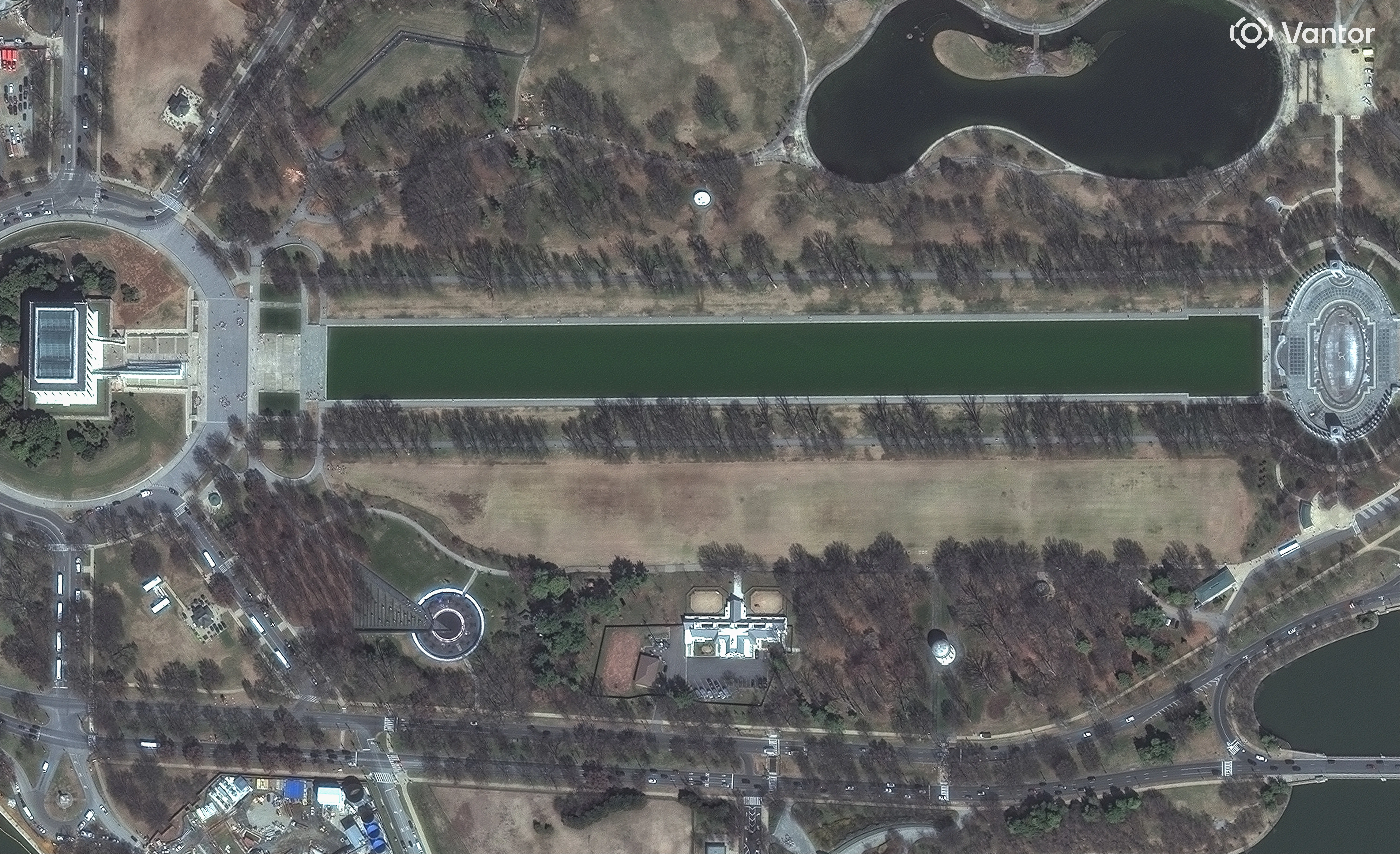 A satellite image of the Lincoln Memorial Reflecting Pool in Washington, DC.