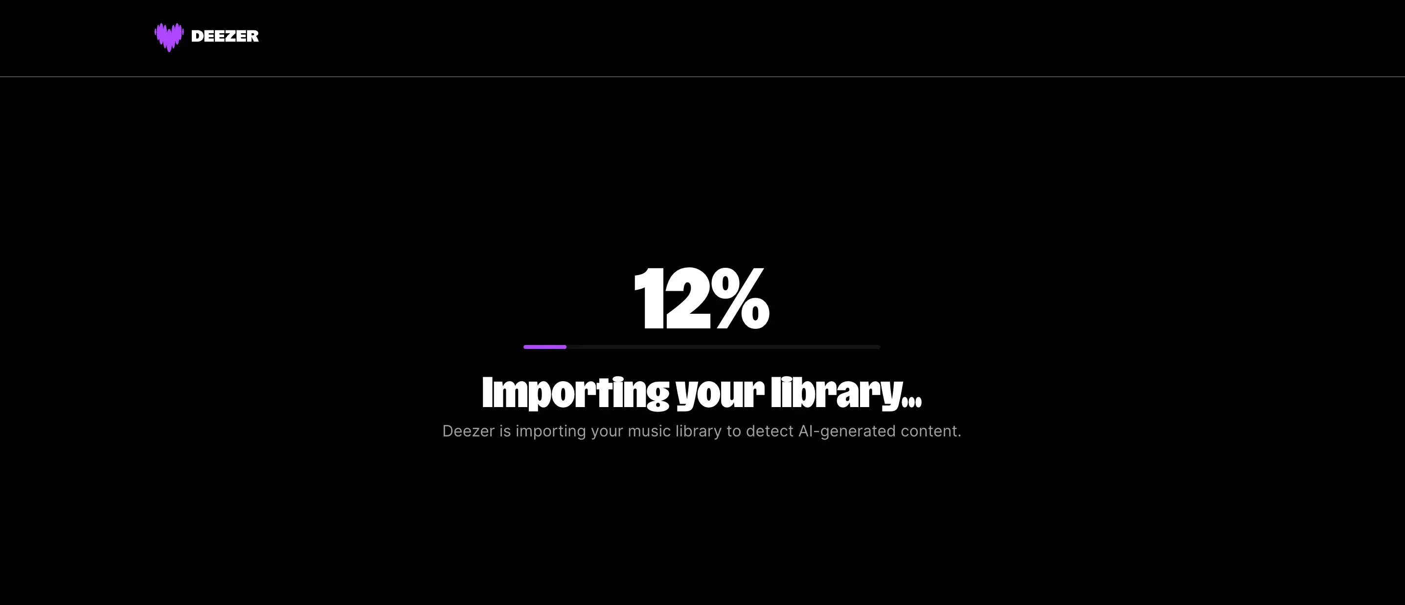 Deezer interface shows a 12% progress screen for importing a music library to detect AI-generated content.
