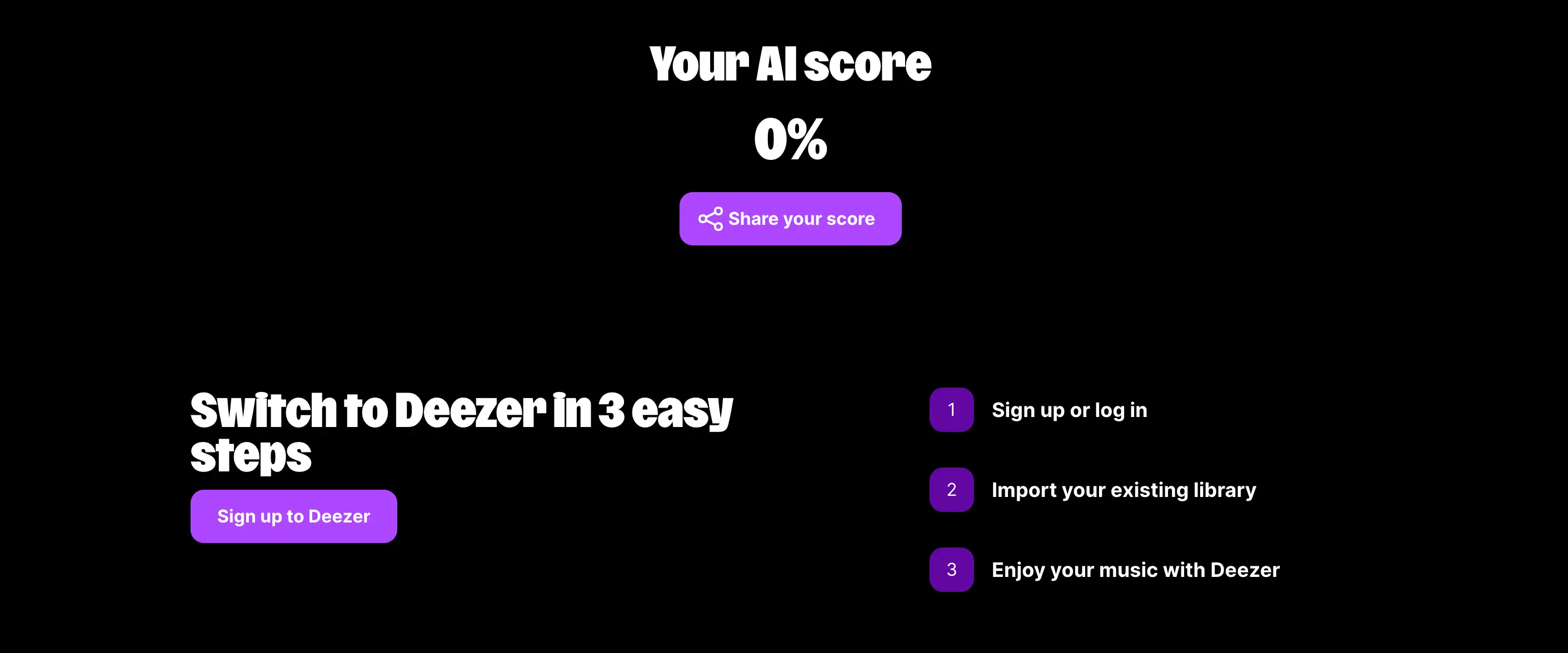 Black Deezer webpage section shows an AI score of 0% and steps to switch music libraries.