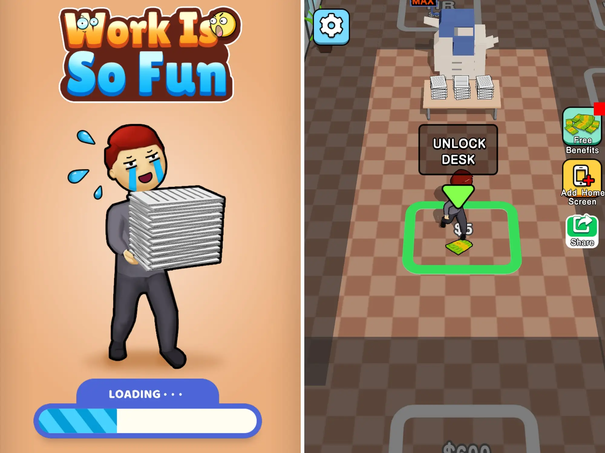Mobile game screenshot shows Work Is So Fun loading art beside an office gameplay screen with unlock desk prompt.