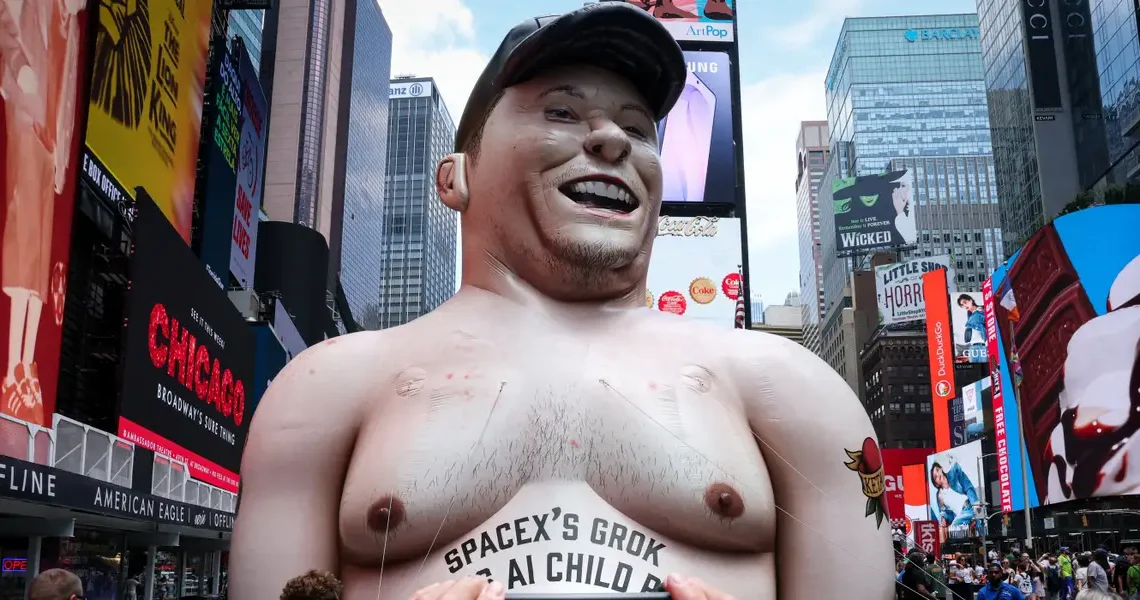 Giant inflatable Elon Musk appears in Times Square one day before SpaceX IPO, with a scathing message for its CEO