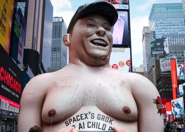 Giant inflatable Elon Musk appears in Times Square one day before SpaceX IPO, with a scathing message for its CEO