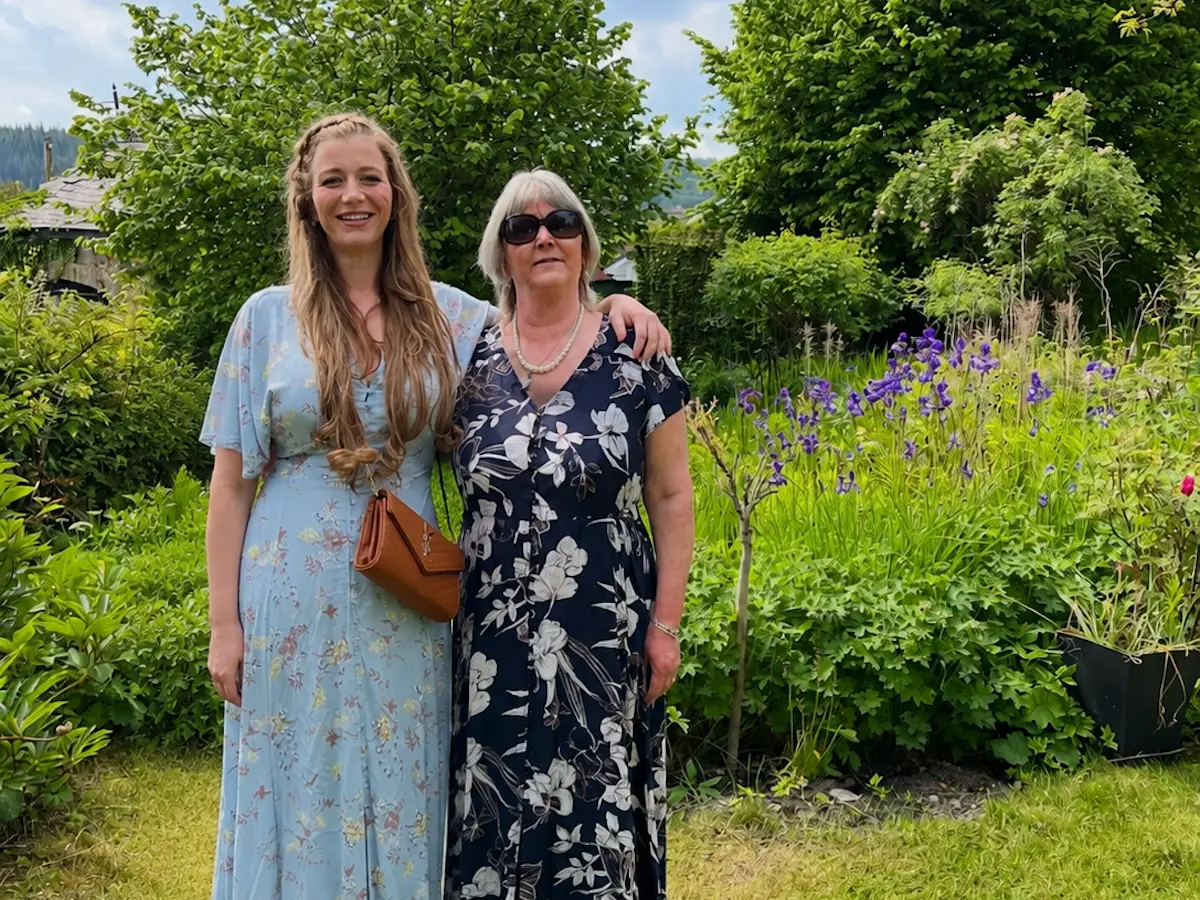 The author with her mother in a garden.
