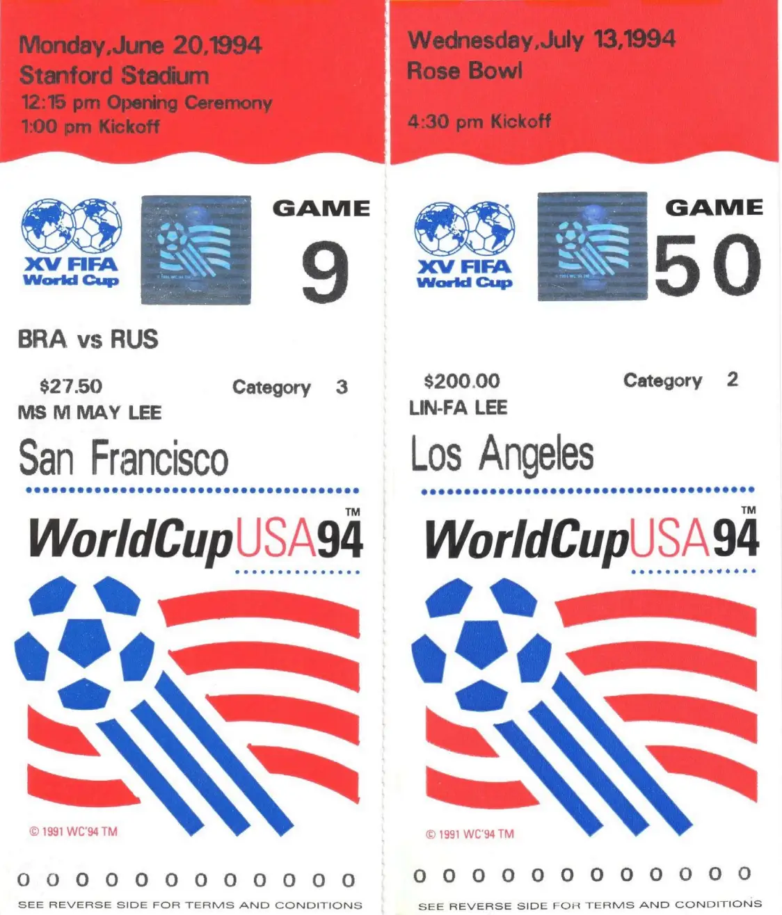 Scanned image of tickets to the World Cup USA 1994 in San Francisco and Los Angeles.