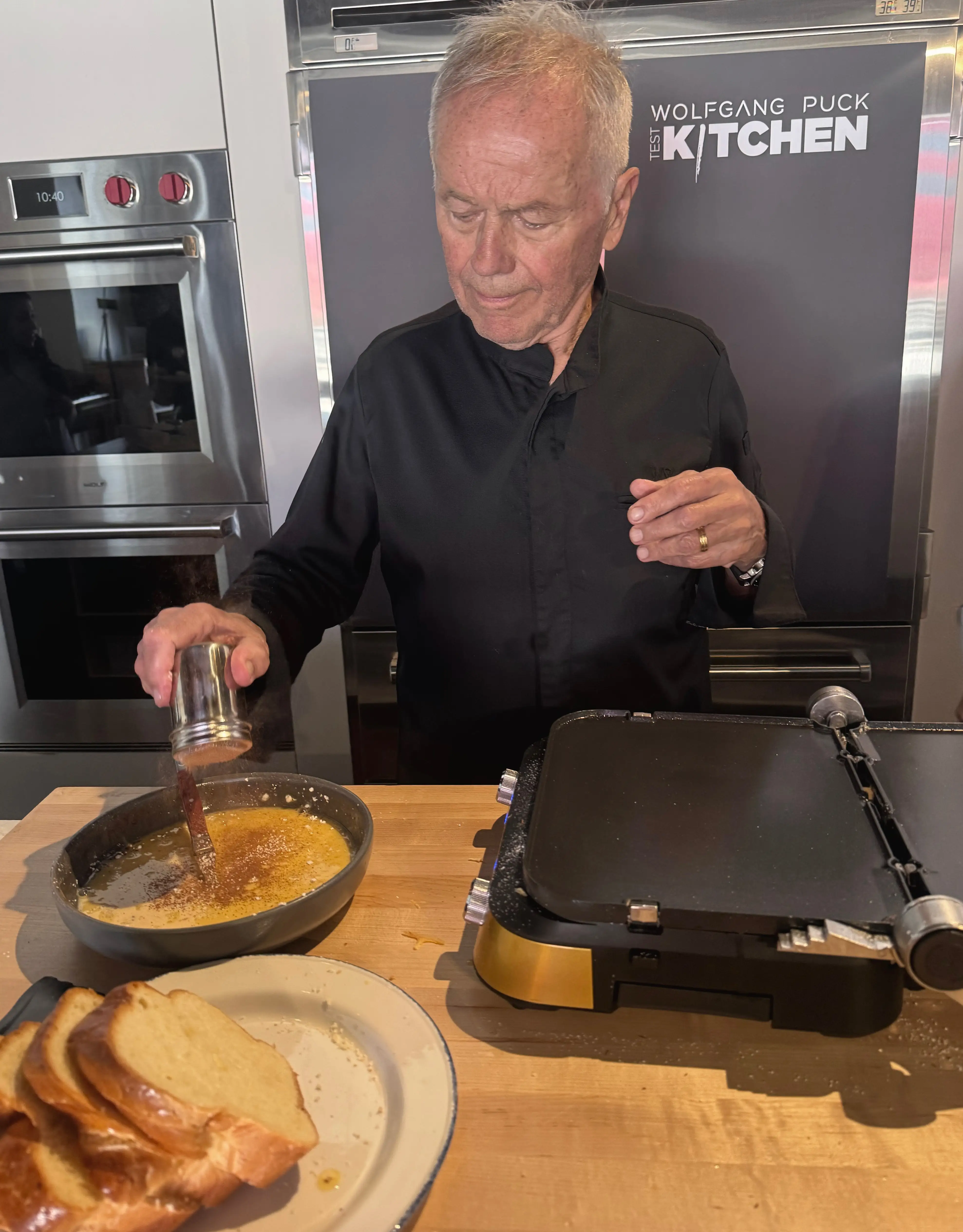 Chef Puck making breakfast.
