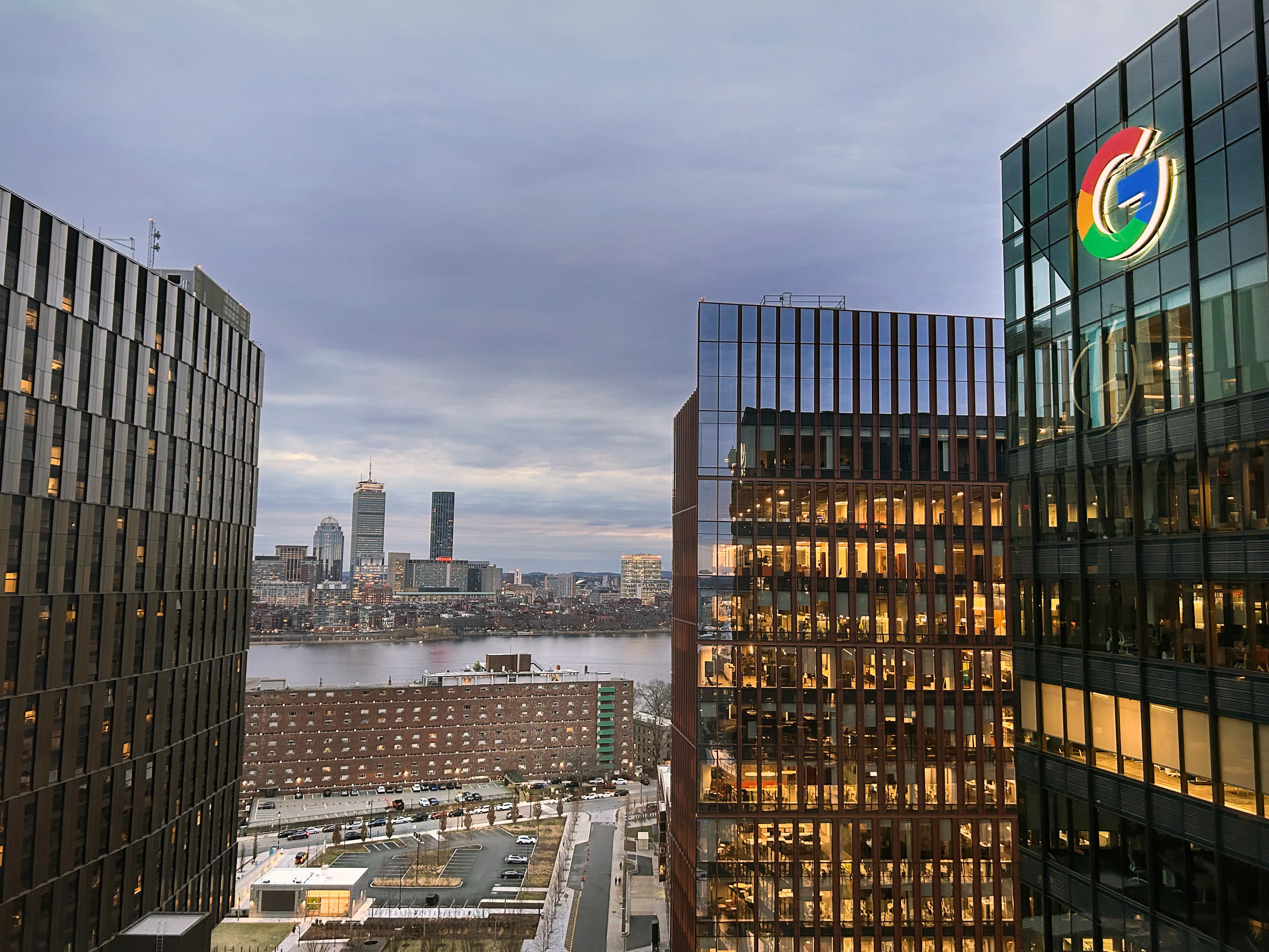 Google office building next to other buildings in Cambridge, Massachusetts.