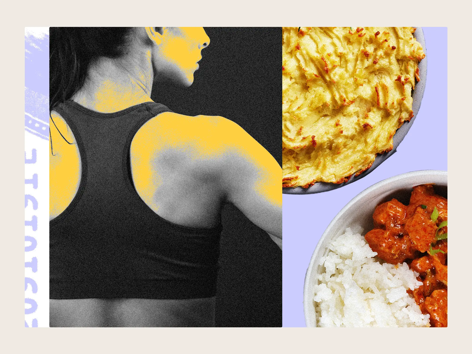 Photo collage featuring a fitness woman and examples of curry and cottage pie