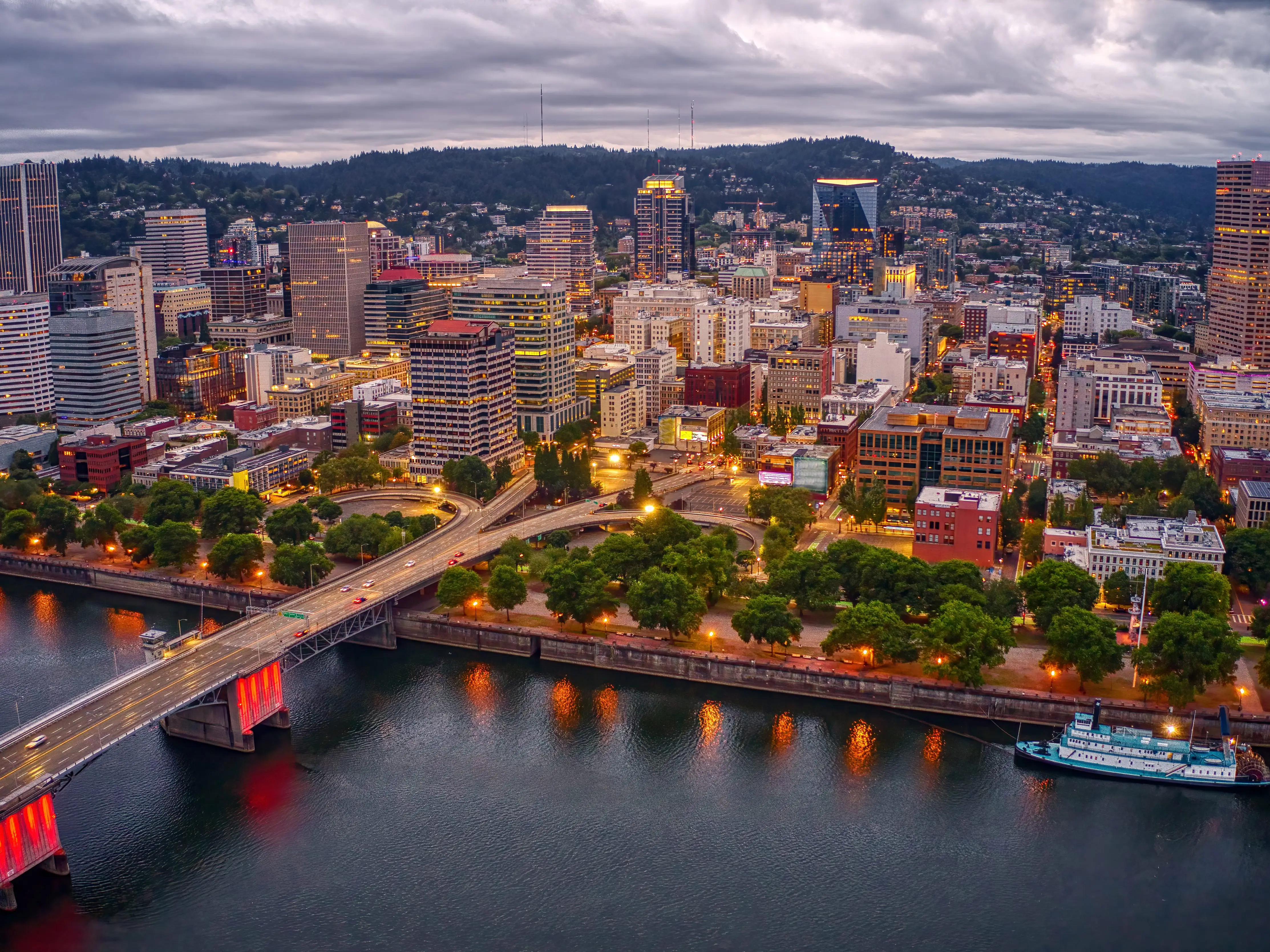 Aerial View of Portland, Oregon at Dusk on a cloudy Day