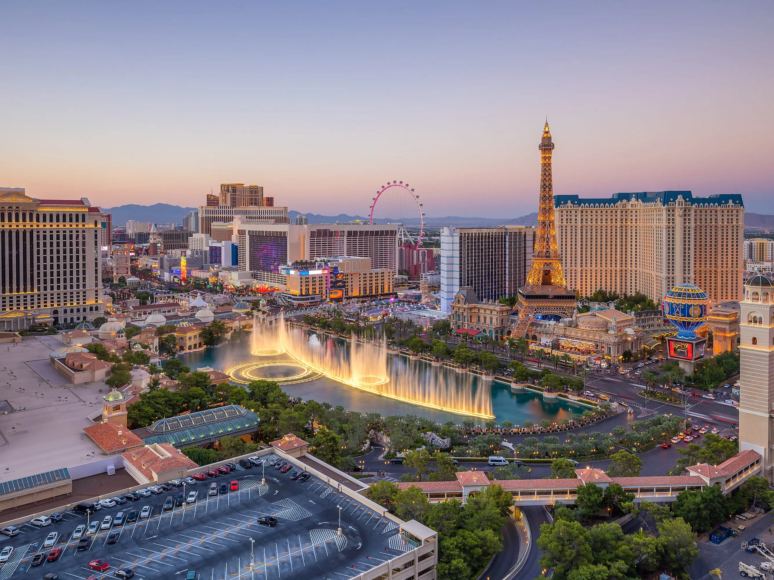 Aerial view of Las Vegas strip in Nevada as seen at night USA