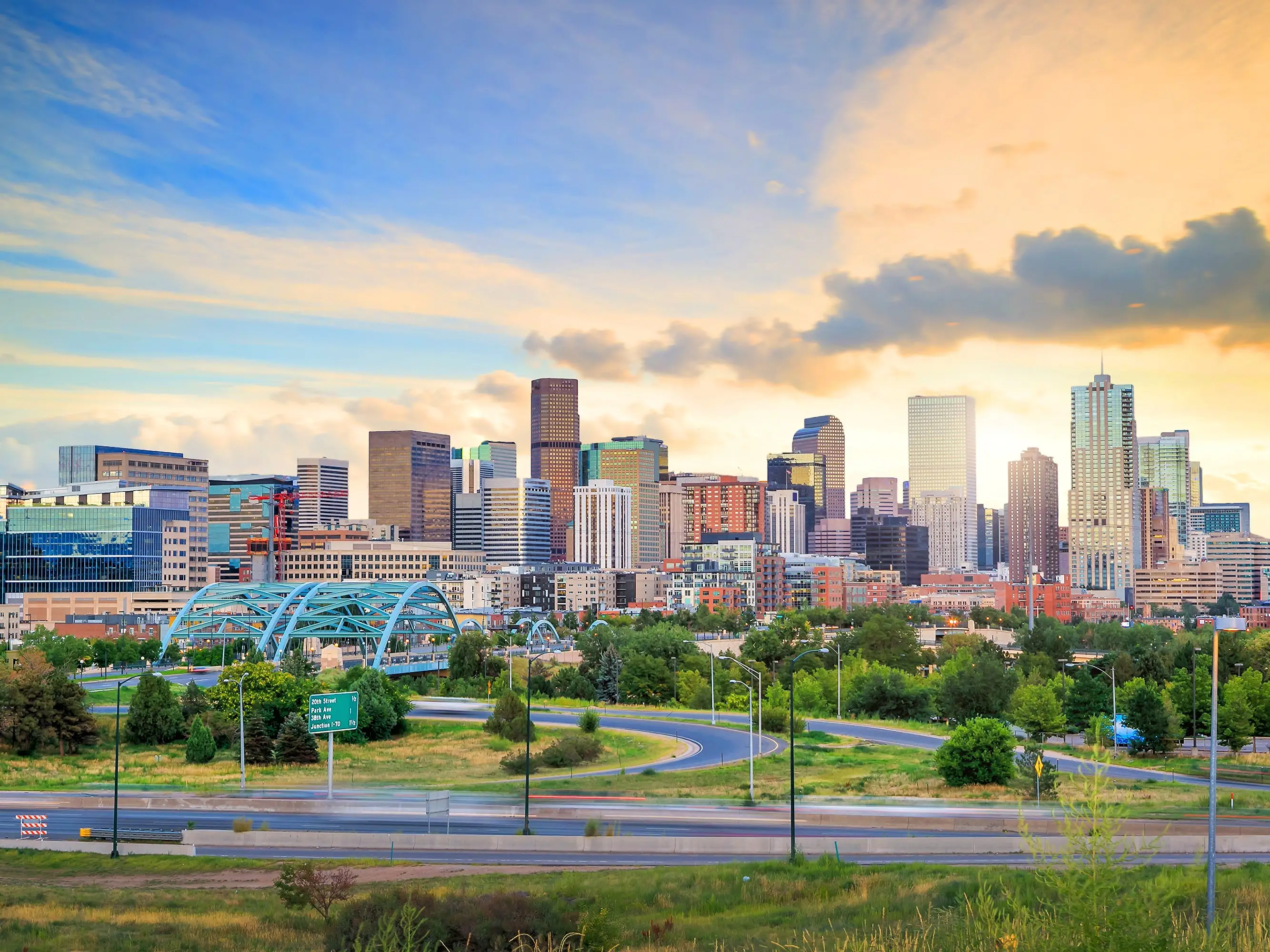 Panorama of Denver skyline long exposure at twilight.