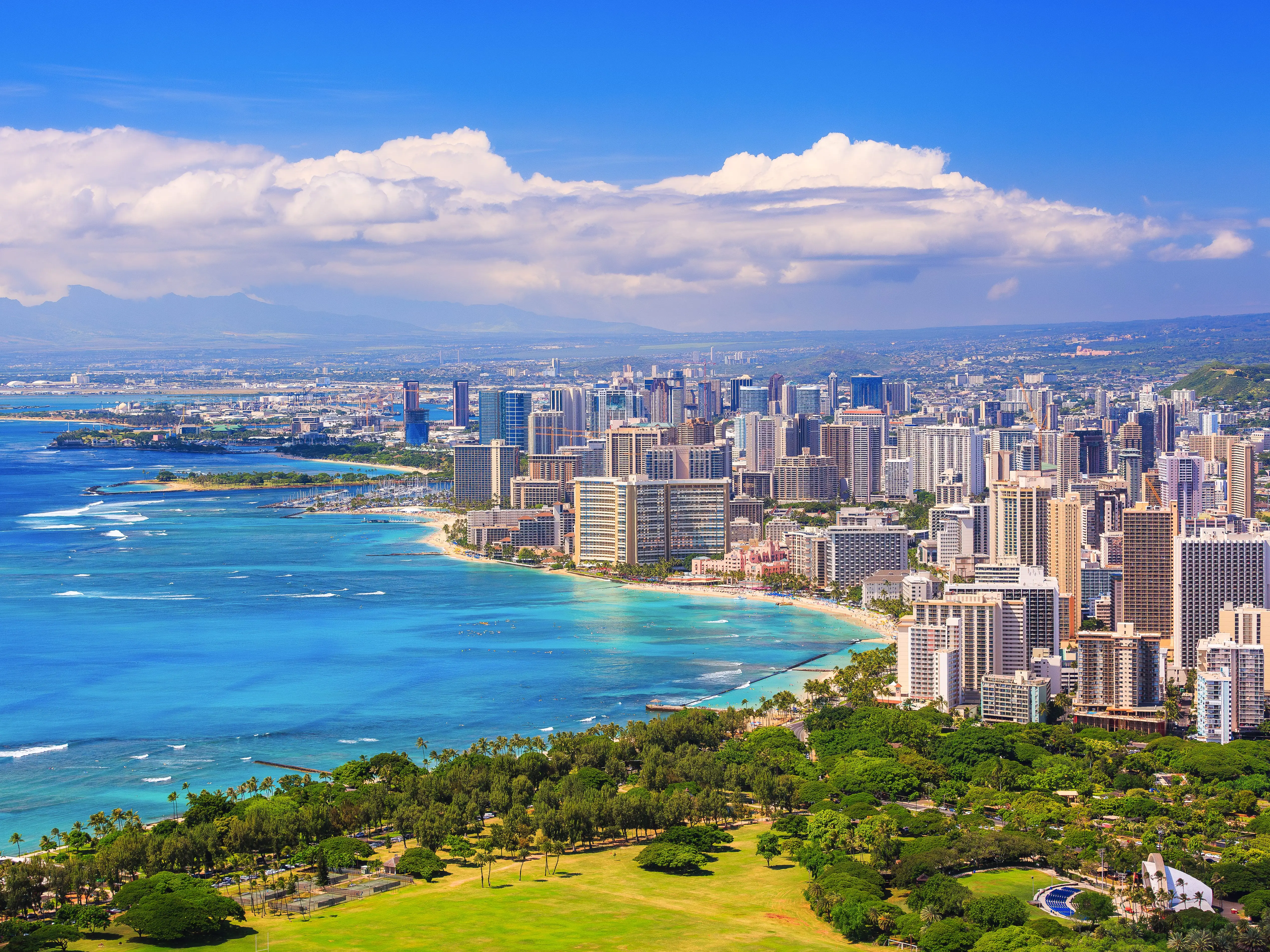 Skyline of Honolulu, Hawaii. Waikiki Beach. stock photo