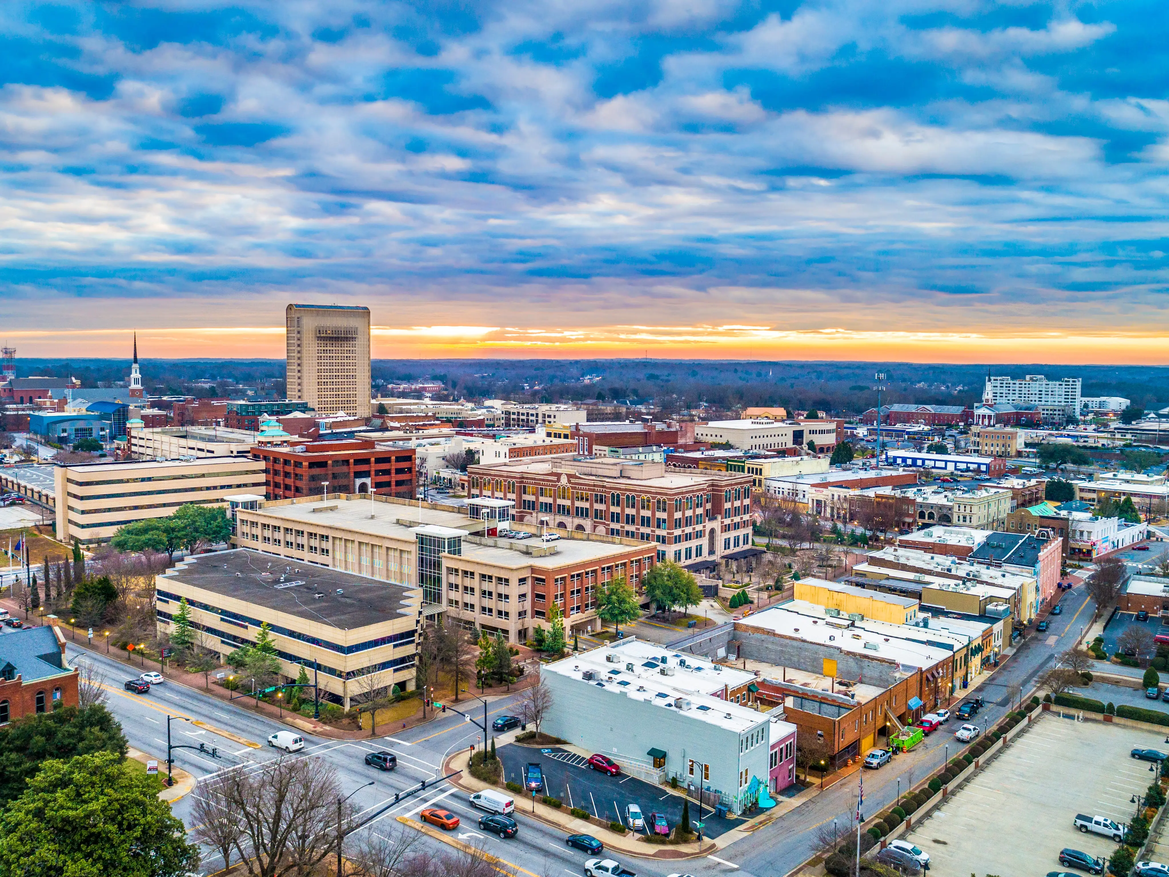 Drone Aerial of Main Street in Downtown Spartanburg, South Carolina, USA.