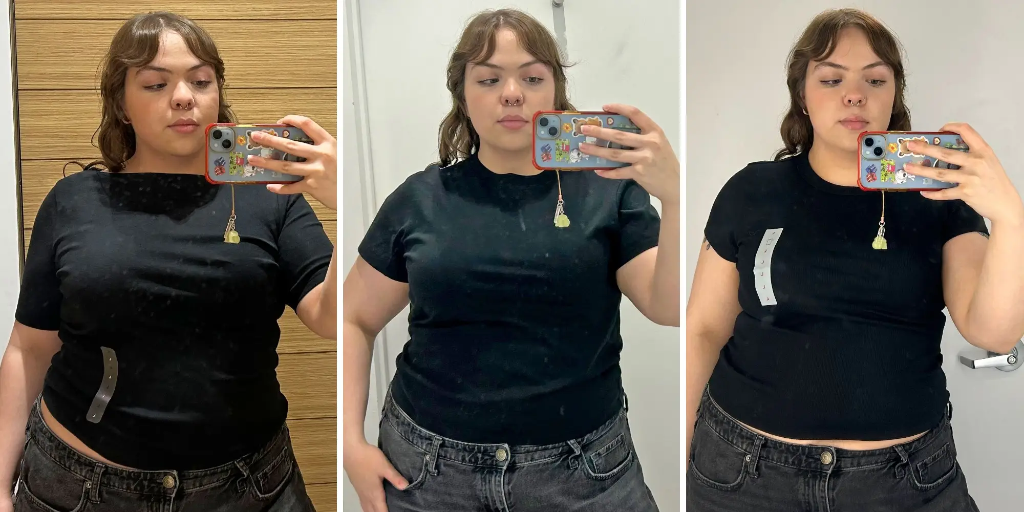 A composite image of Amena wearing three black T-shirts.
