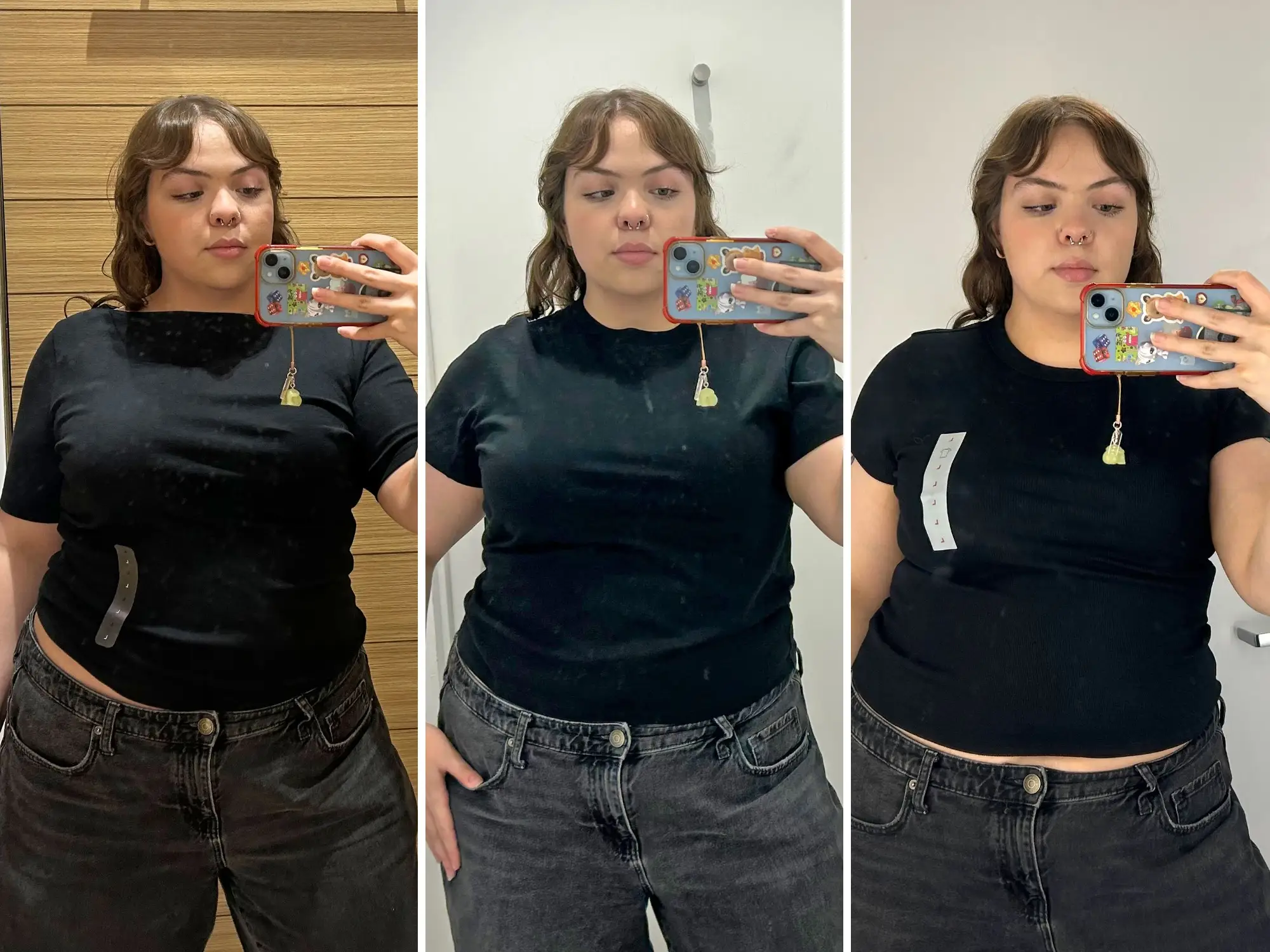 A composite image of Amena wearing three black T-shirts.
