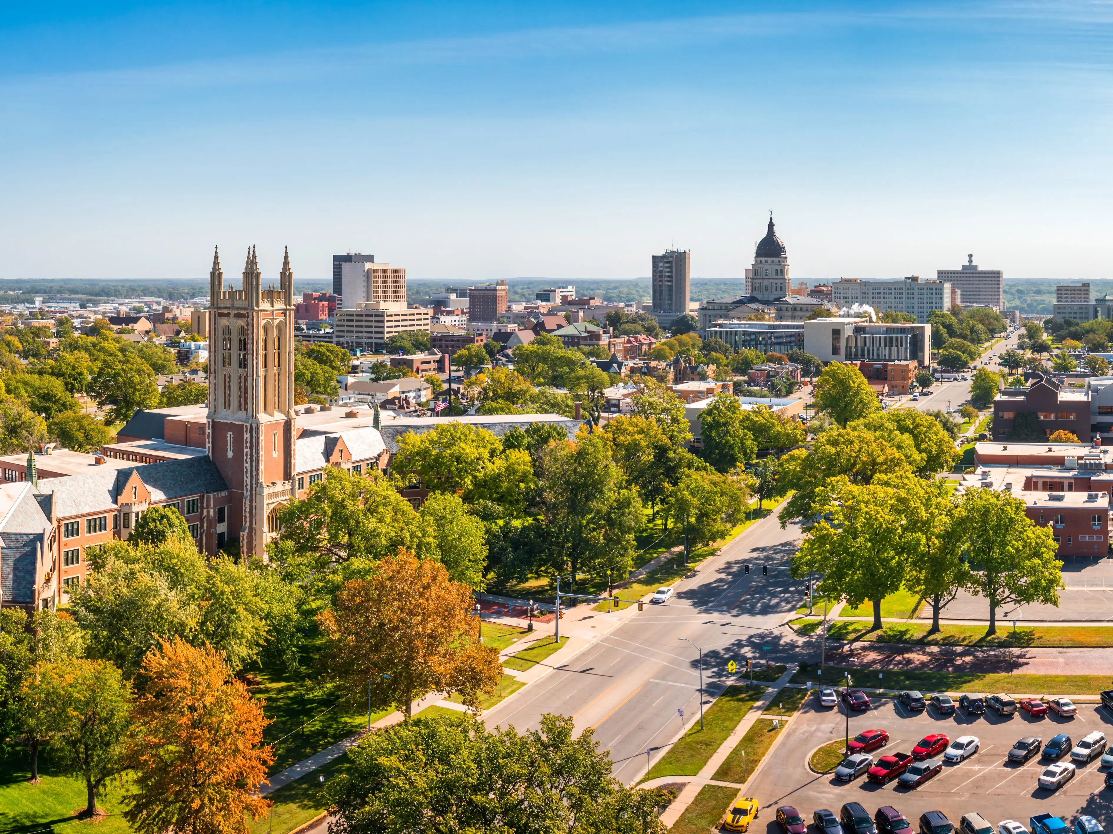 Aerial panorama of Topeka, Kansas along the 10th Avenue. Topeka is the capital city of the U.S. state of Kansas and the county seat of Shawnee County