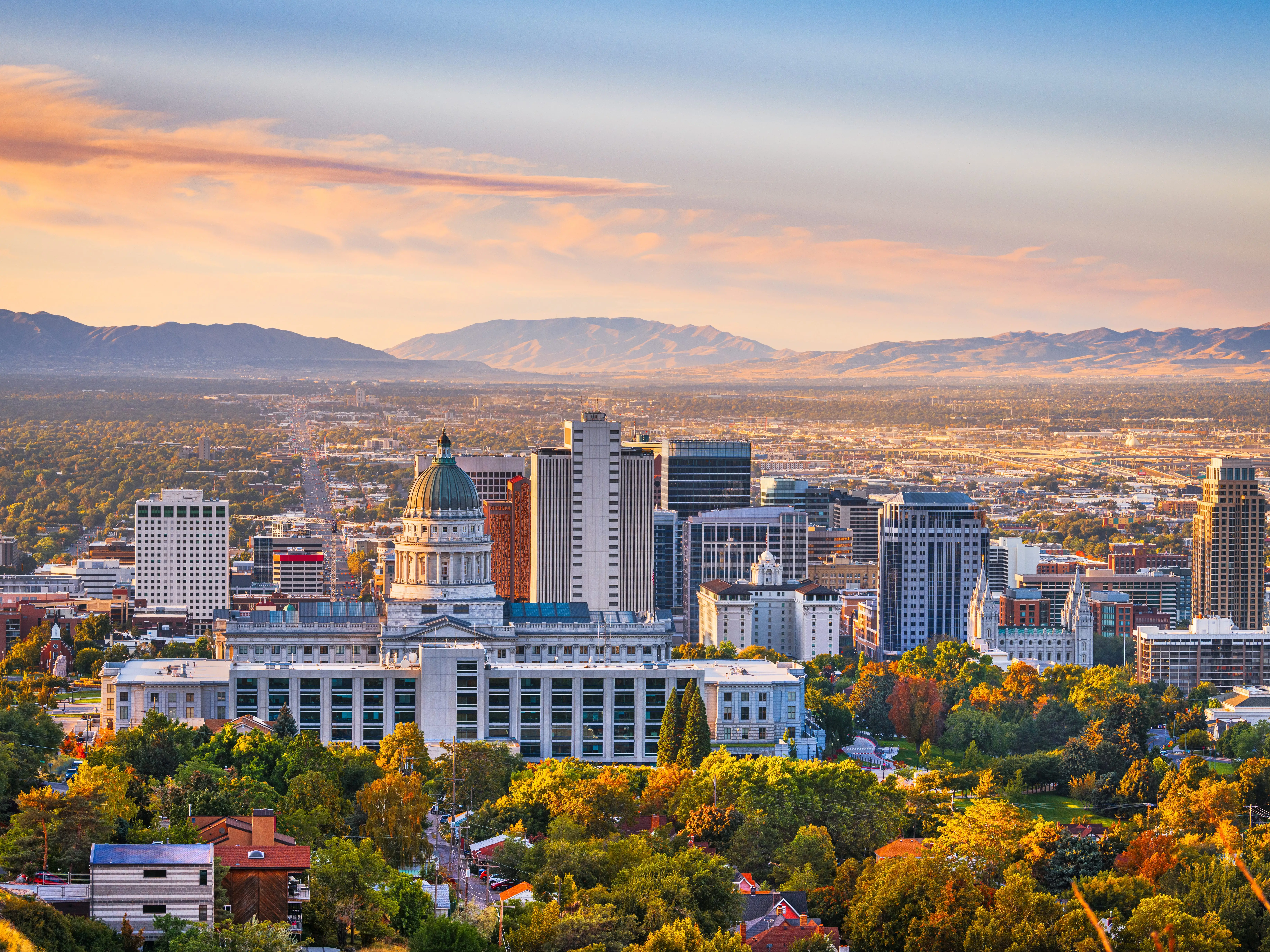 Salt Lake City, Utah, USA downtown city skyline at dawn.