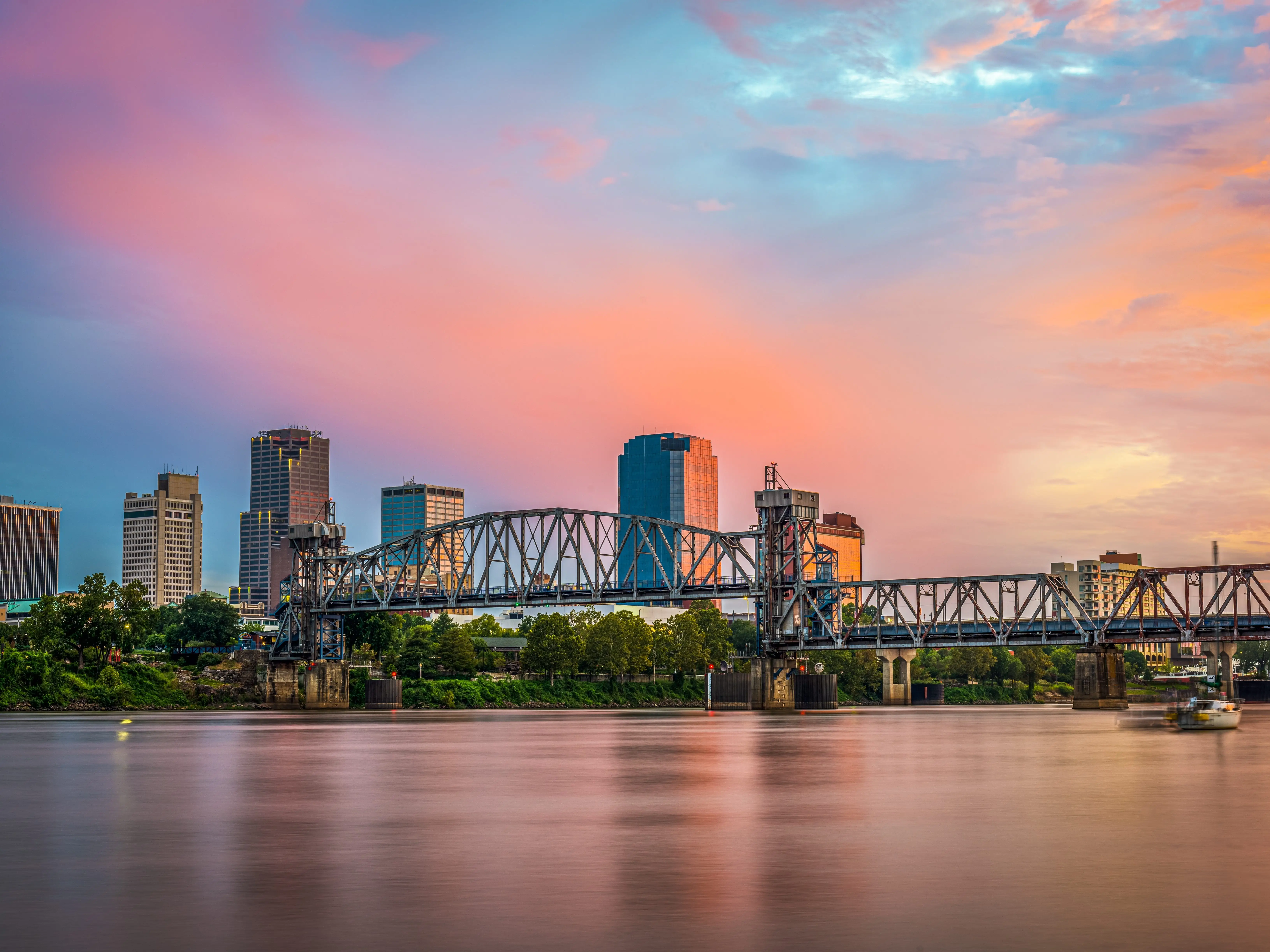 Bridge in front of buildings in Little Rock, Arkansas.