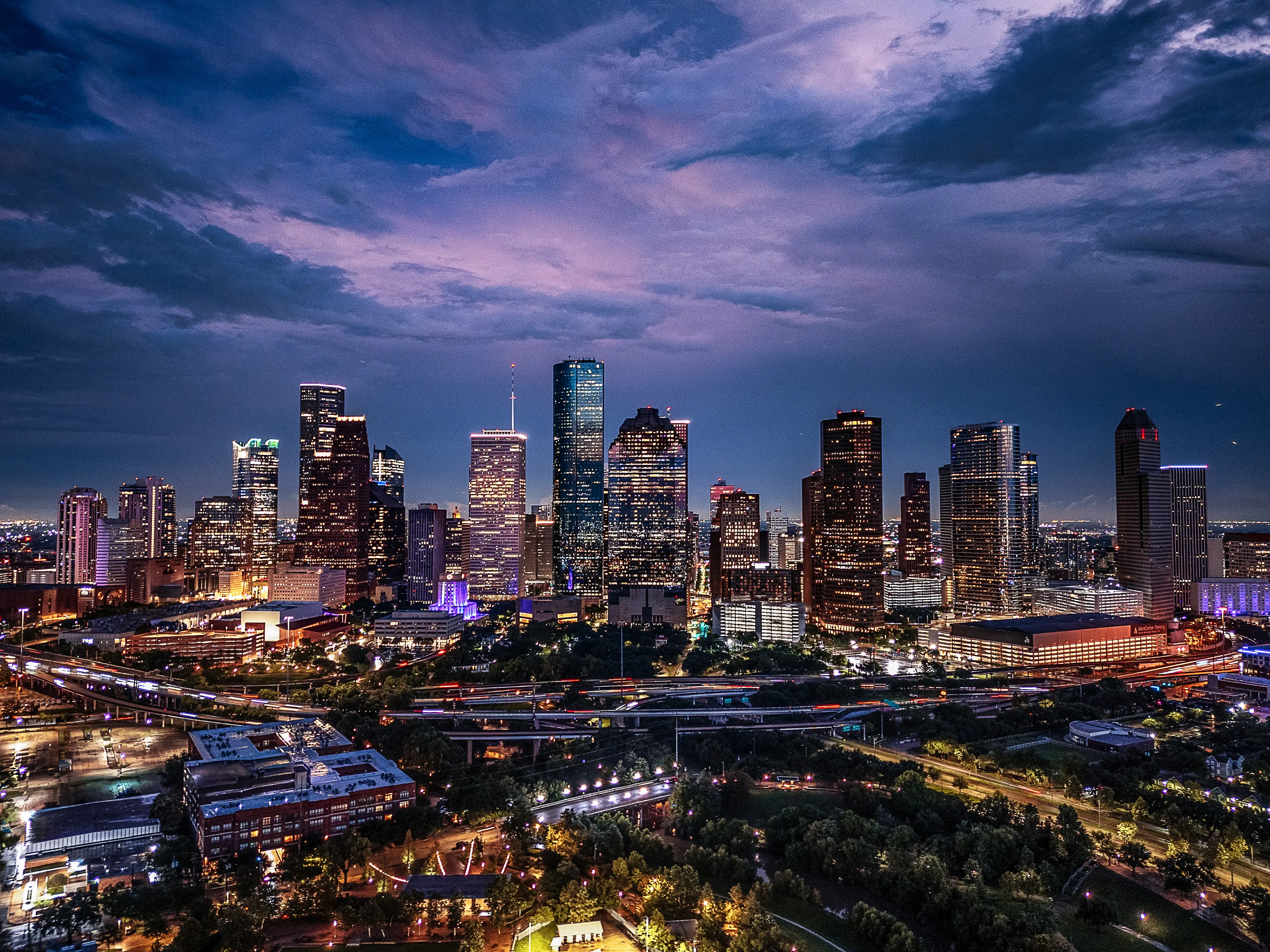Aerial Drone Photo of Houston Texas Skyline at Twilight stock photo