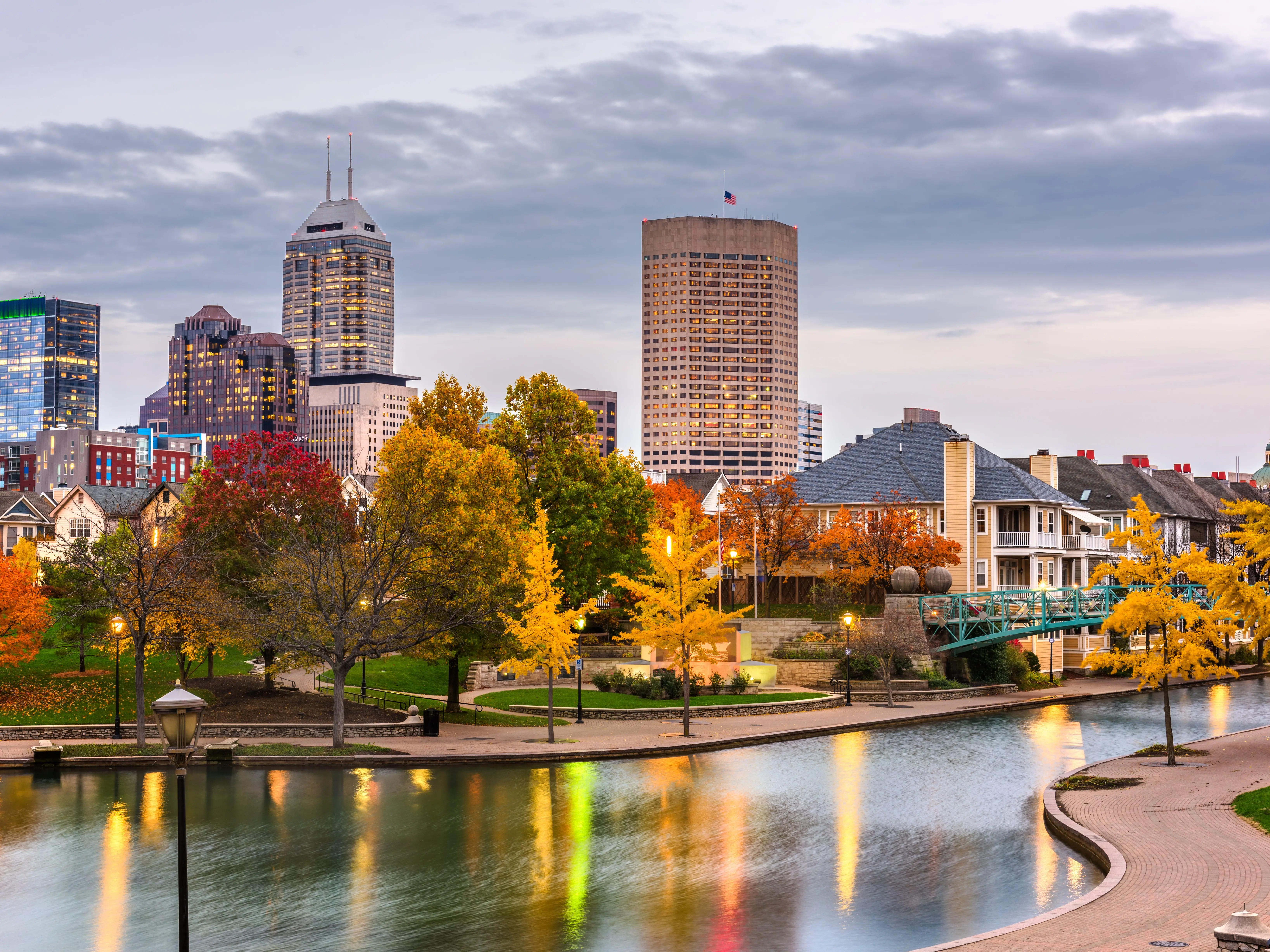 Indianapolis, Indiana, USA downtown cityscape on the White River at dusk.