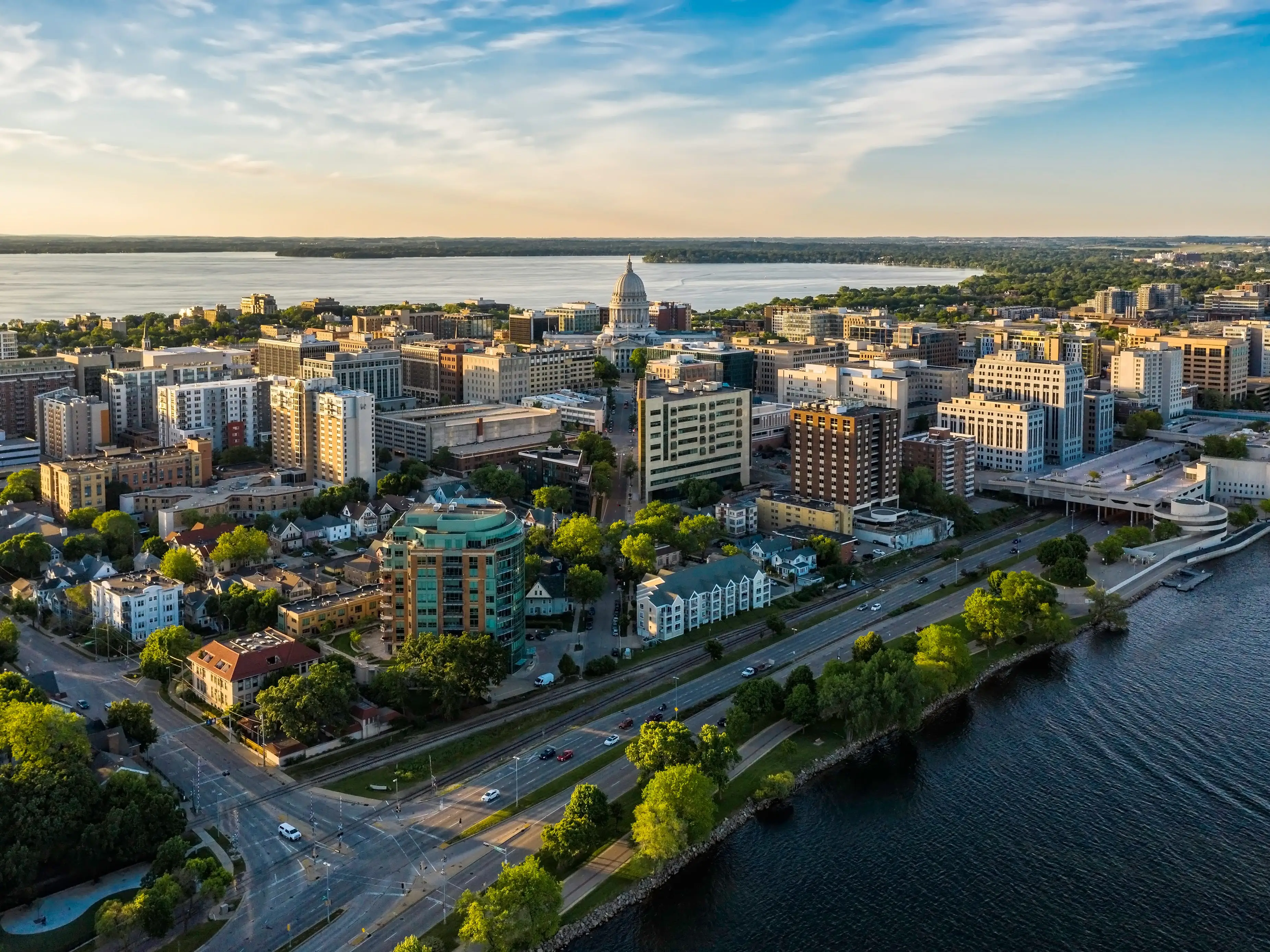 Aerial view of Madison city downtown at sunset, Wisconsin