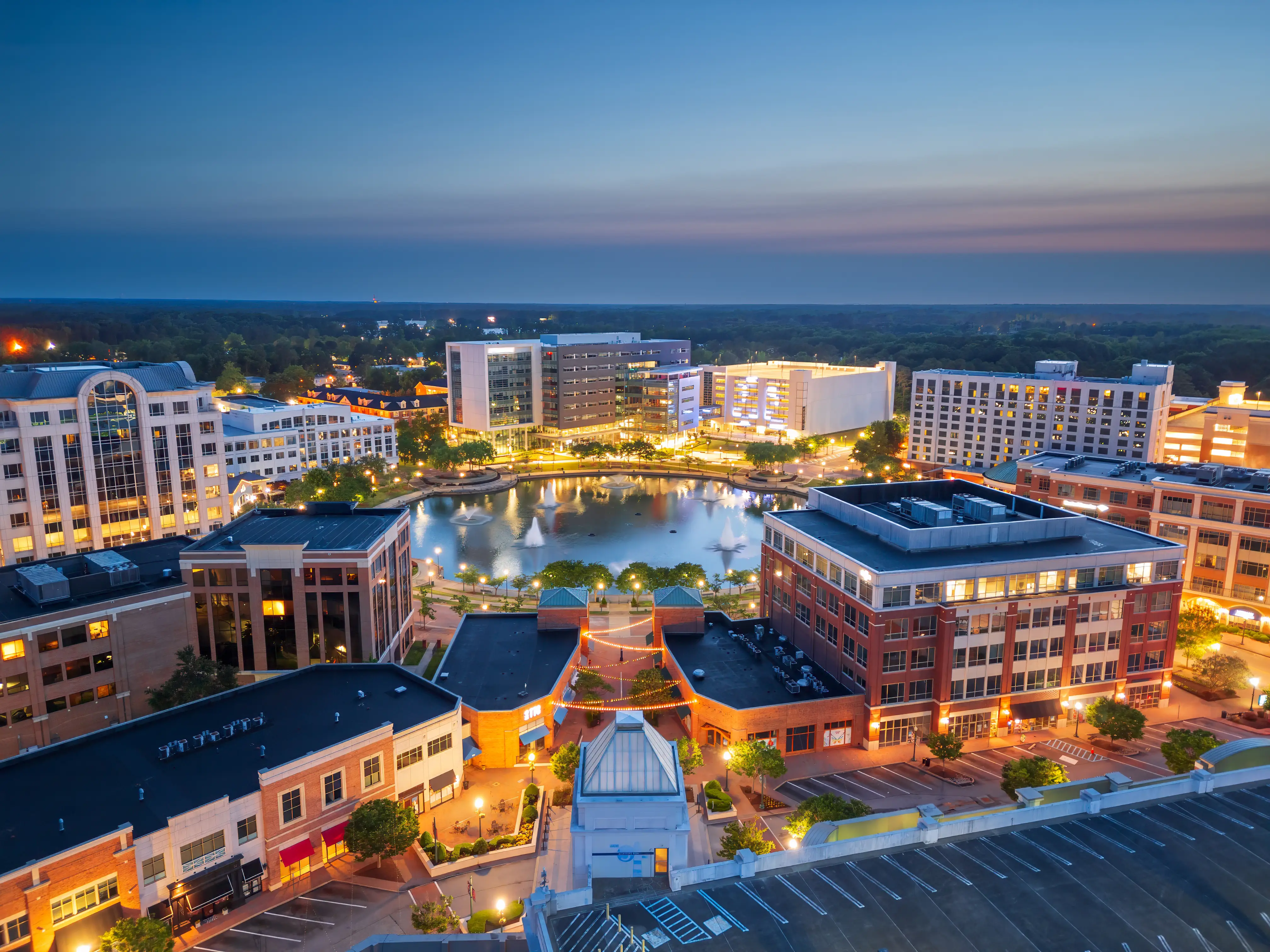 Newport News, Virginia, USA city center from above at twilight.