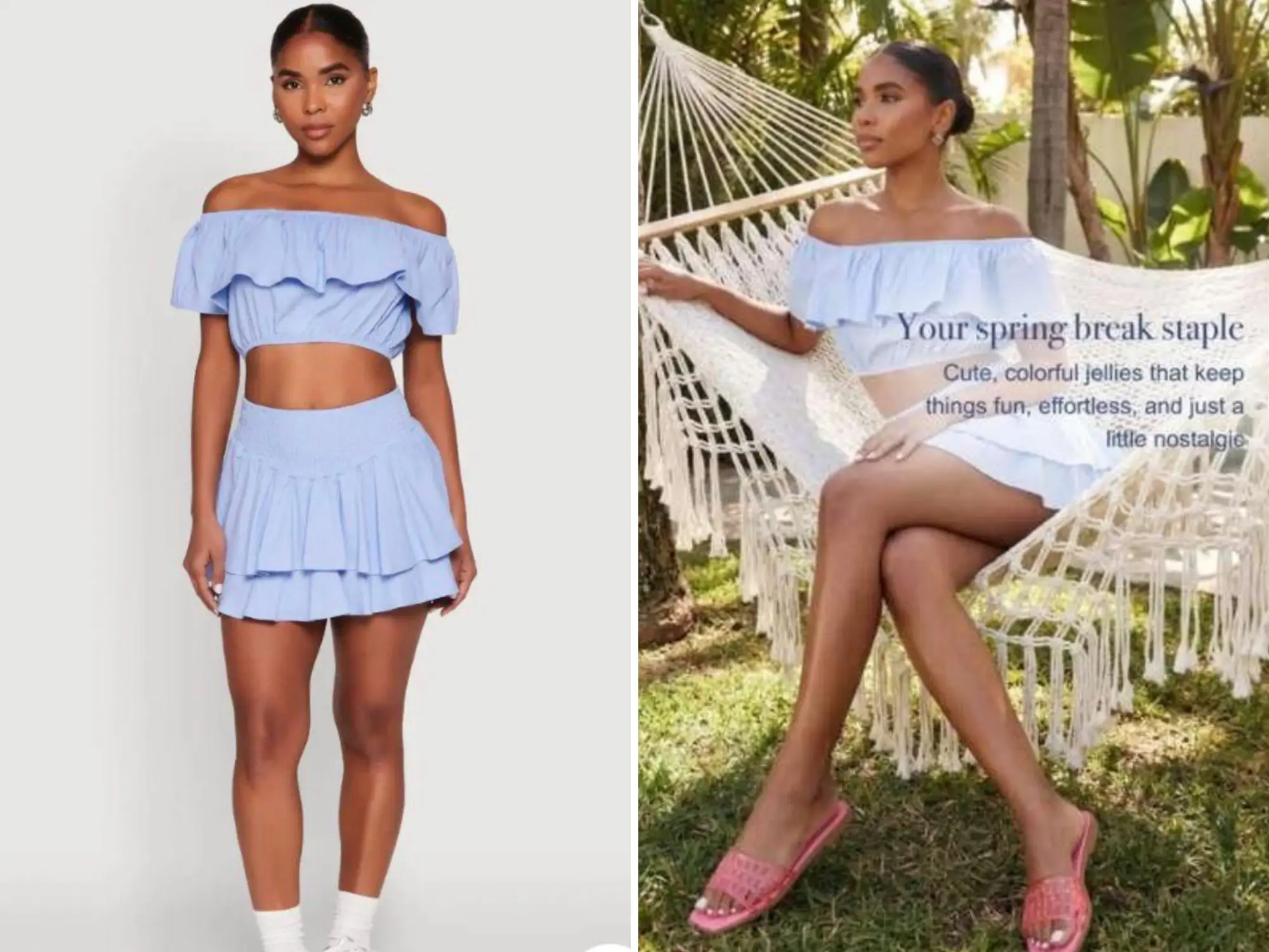 Francheska Pujols is pictured modeling a Rainbow outfit on the left. Pujols said in a lawsuit that the image on the right looks like her, but she didn't pose this way, alleging Rainbow used AI.