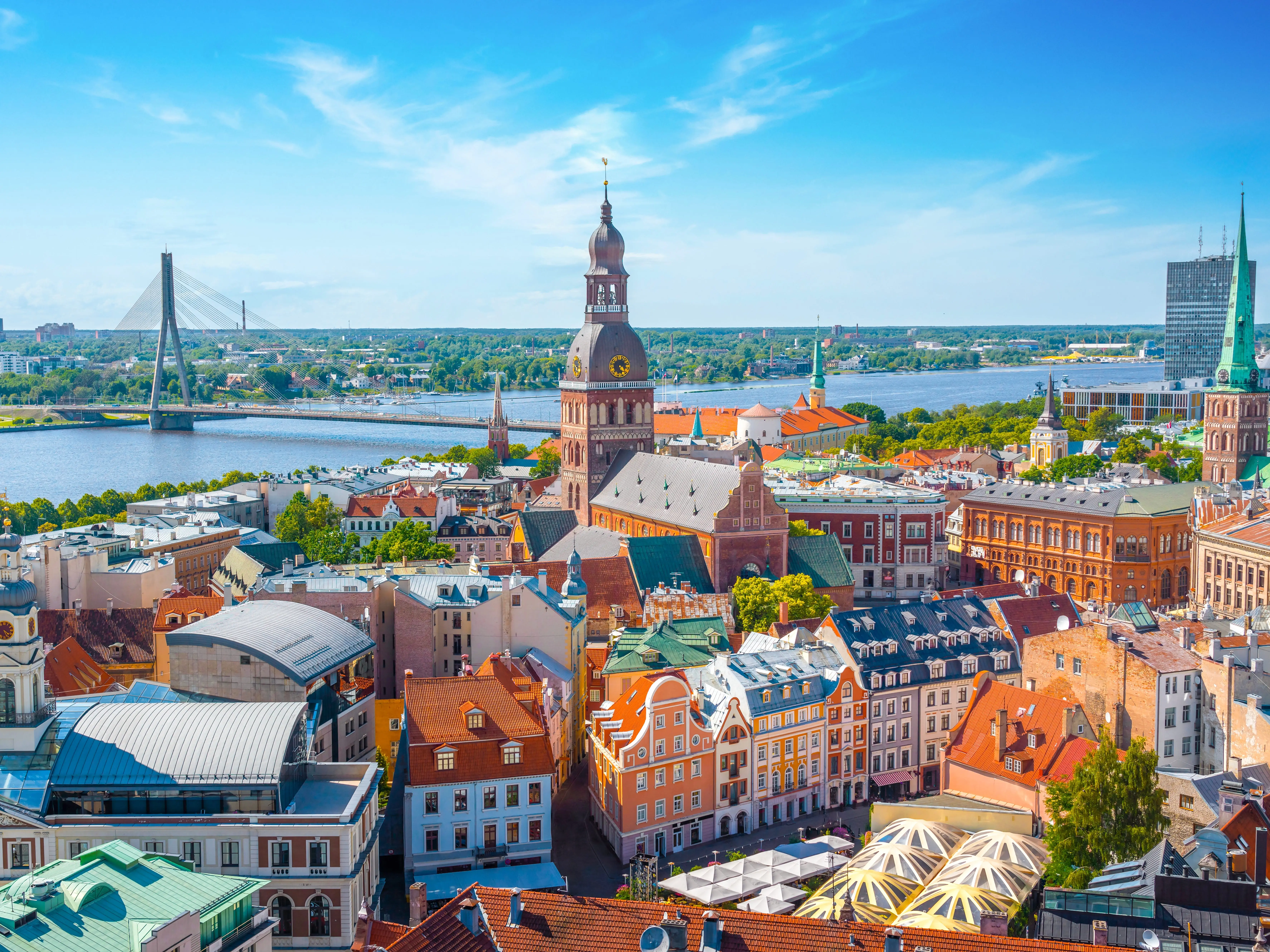 Church and residential buildings in Riga, Latvia.