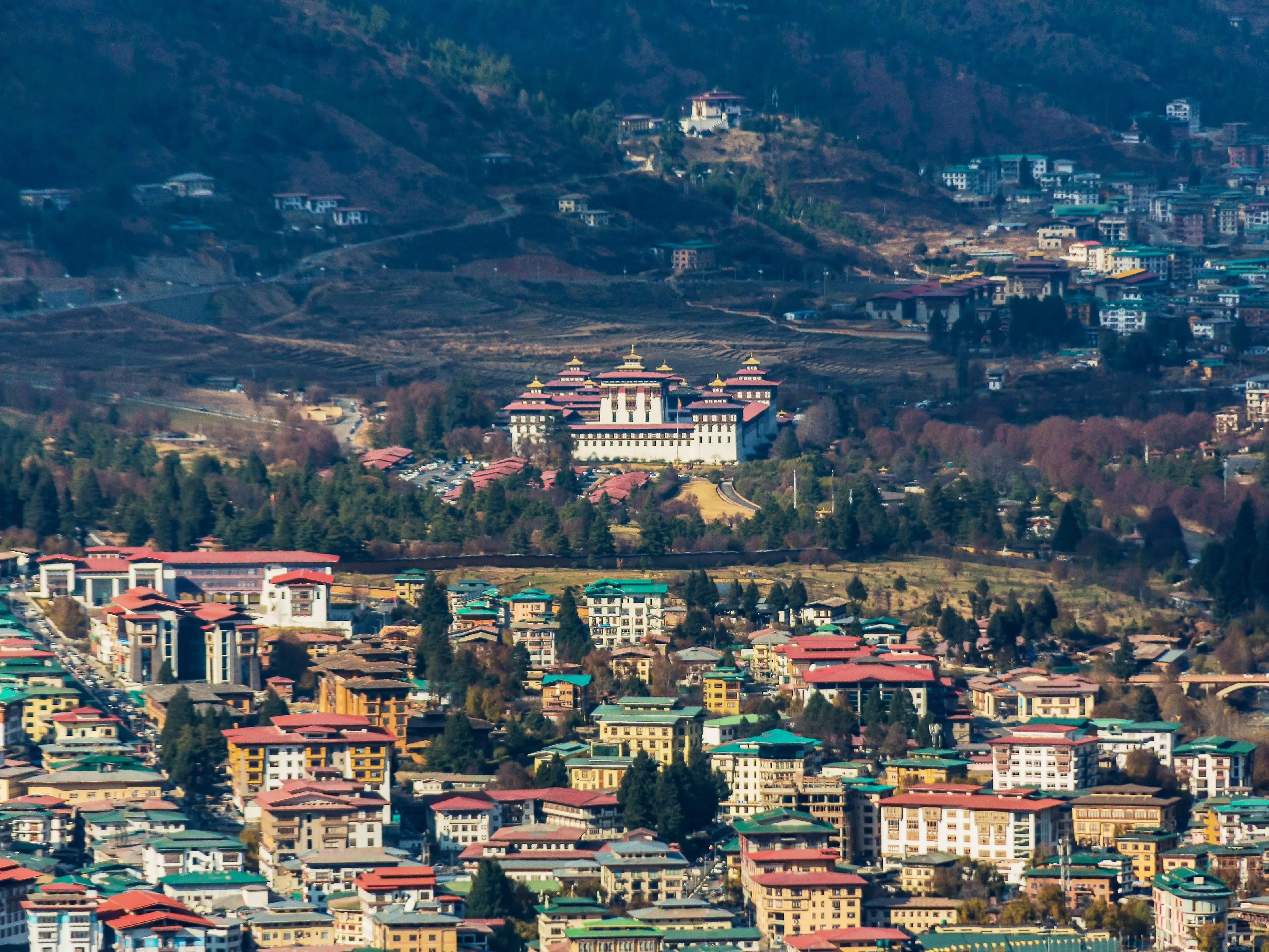Aerial view of buildings in Thimphu, Bhutan.