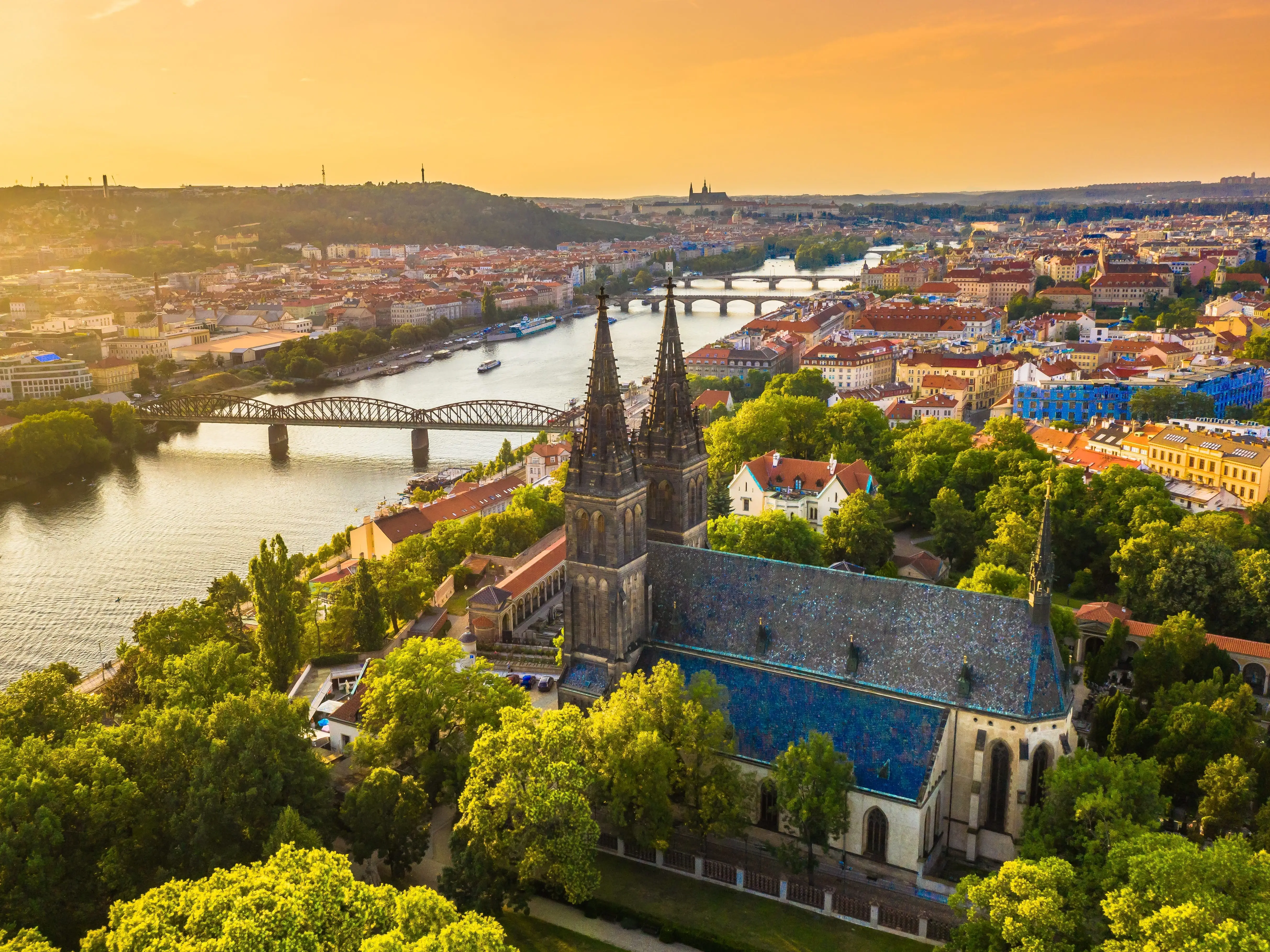 Bridges over a river in Prague, Czechia.
