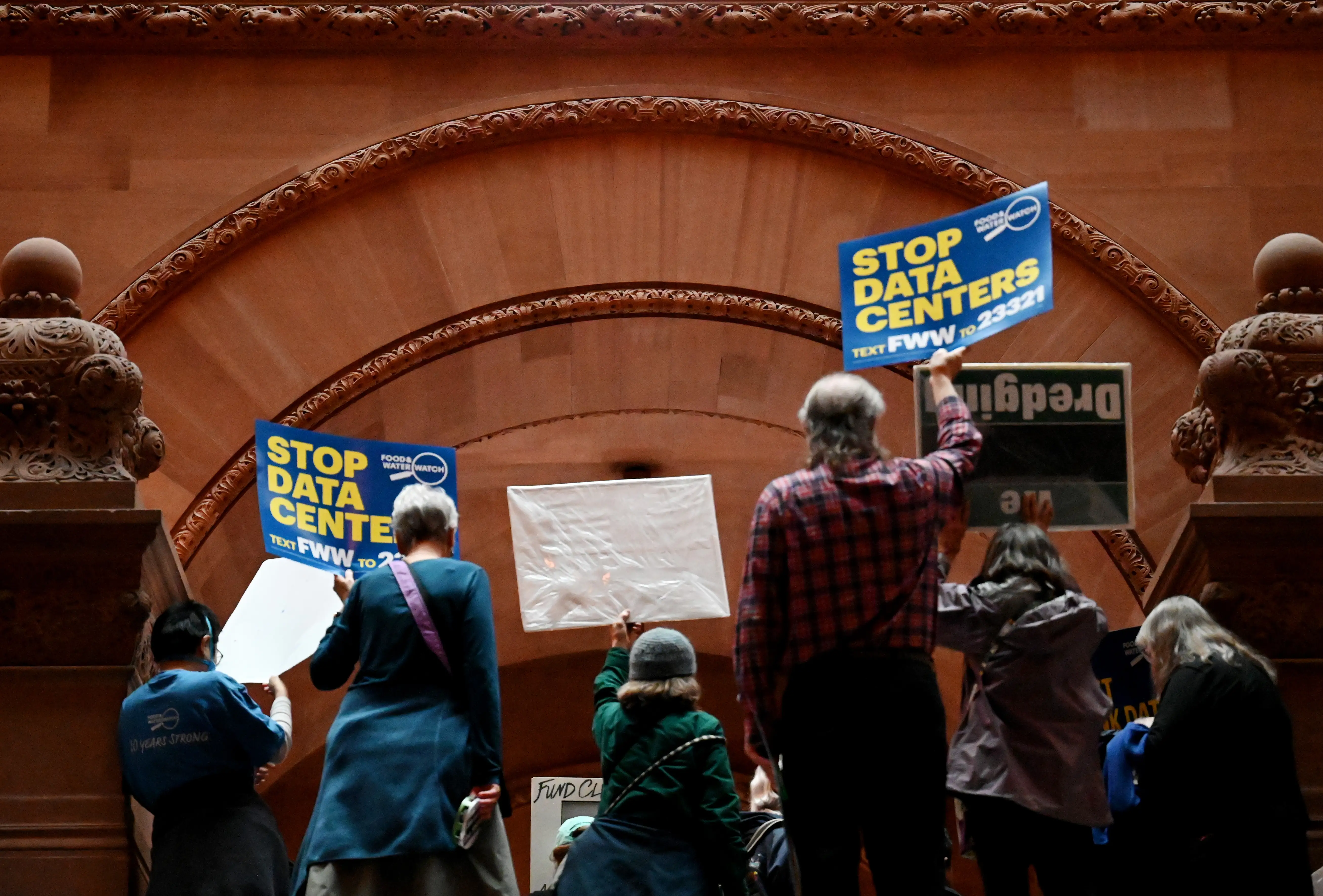 ALBANY, NY - MAY 13: Environmental advocates and progressive lawmakers hold a rally in support of legislation that would put a moratorium on new data centers in the state on Wednesday, May 13, 2026, at the Capitol in Albany, N.Y. (Will Waldron/Albany Times Union via Getty Images)