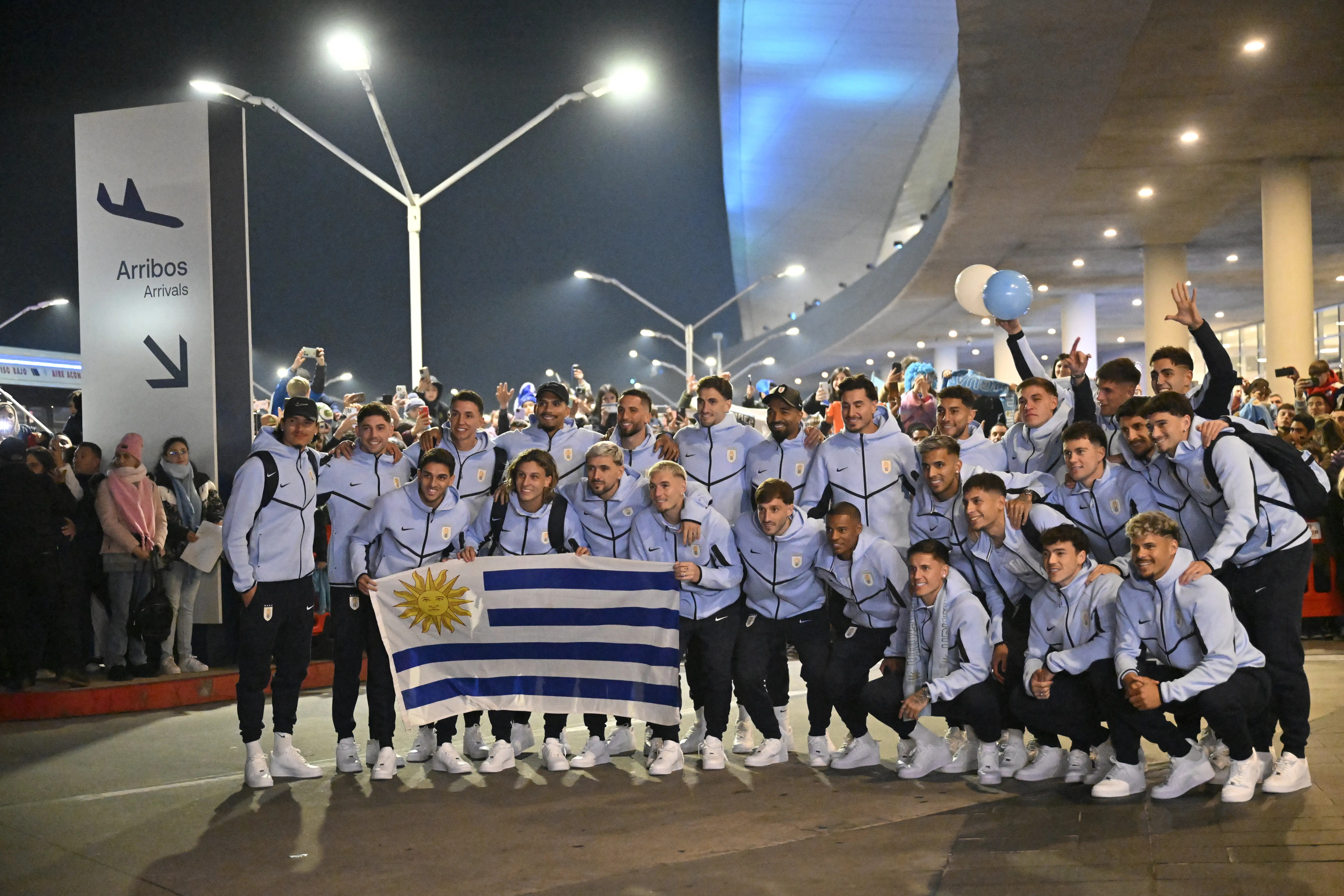 Uruguay's national football team pose for a picture at Carrasco International Airport ahead of their departure to Mexico for the FIFA 2026 World Cup football tournament, in Ciudad de la Costa, Canelones department, Uruguay, on June 9, 2026.