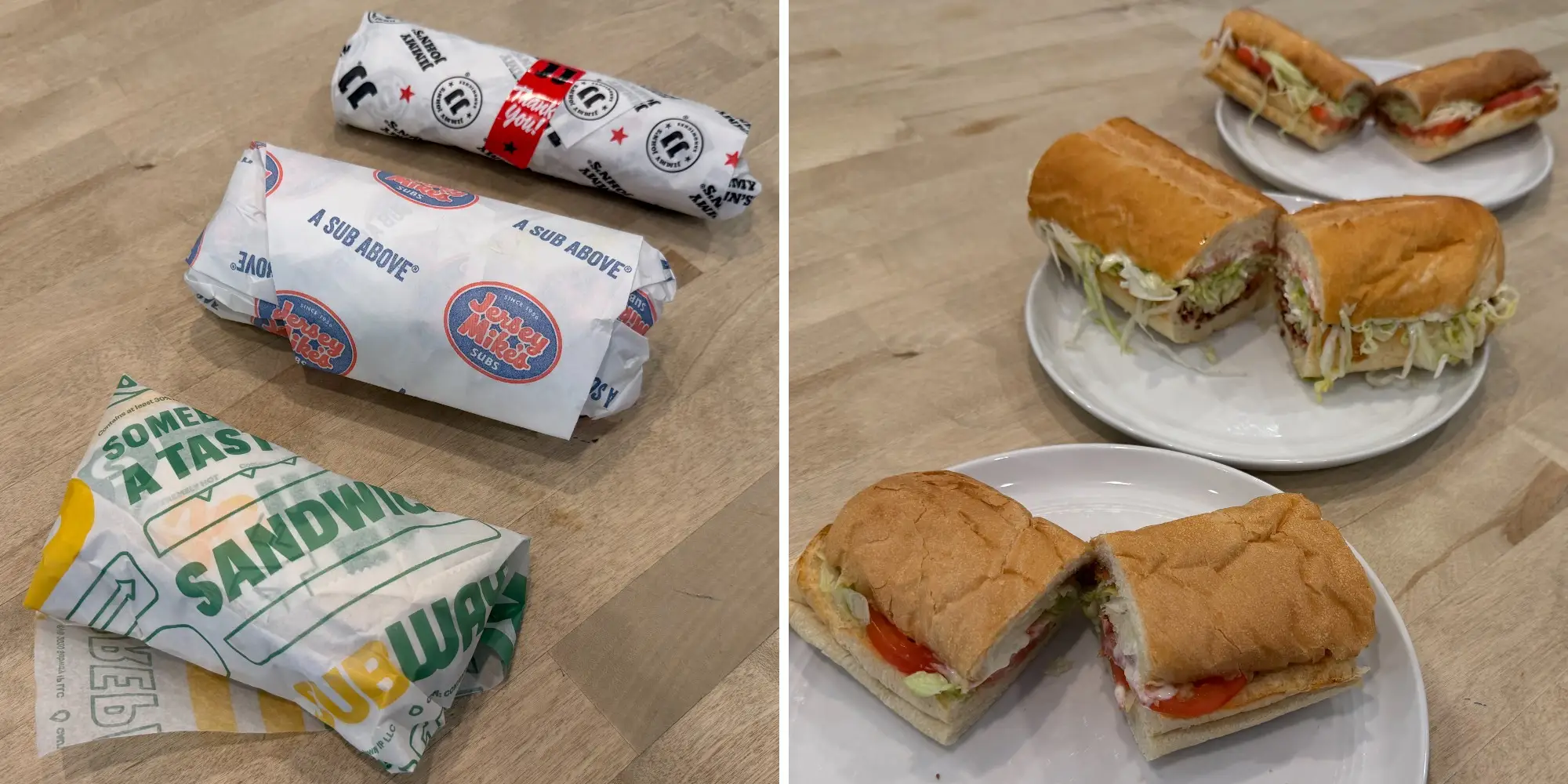 Wrapped Jersey Mike's, Jimmy John's, and Subway sandwiches appear beside plated cut sub sandwiches on a wooden table.
