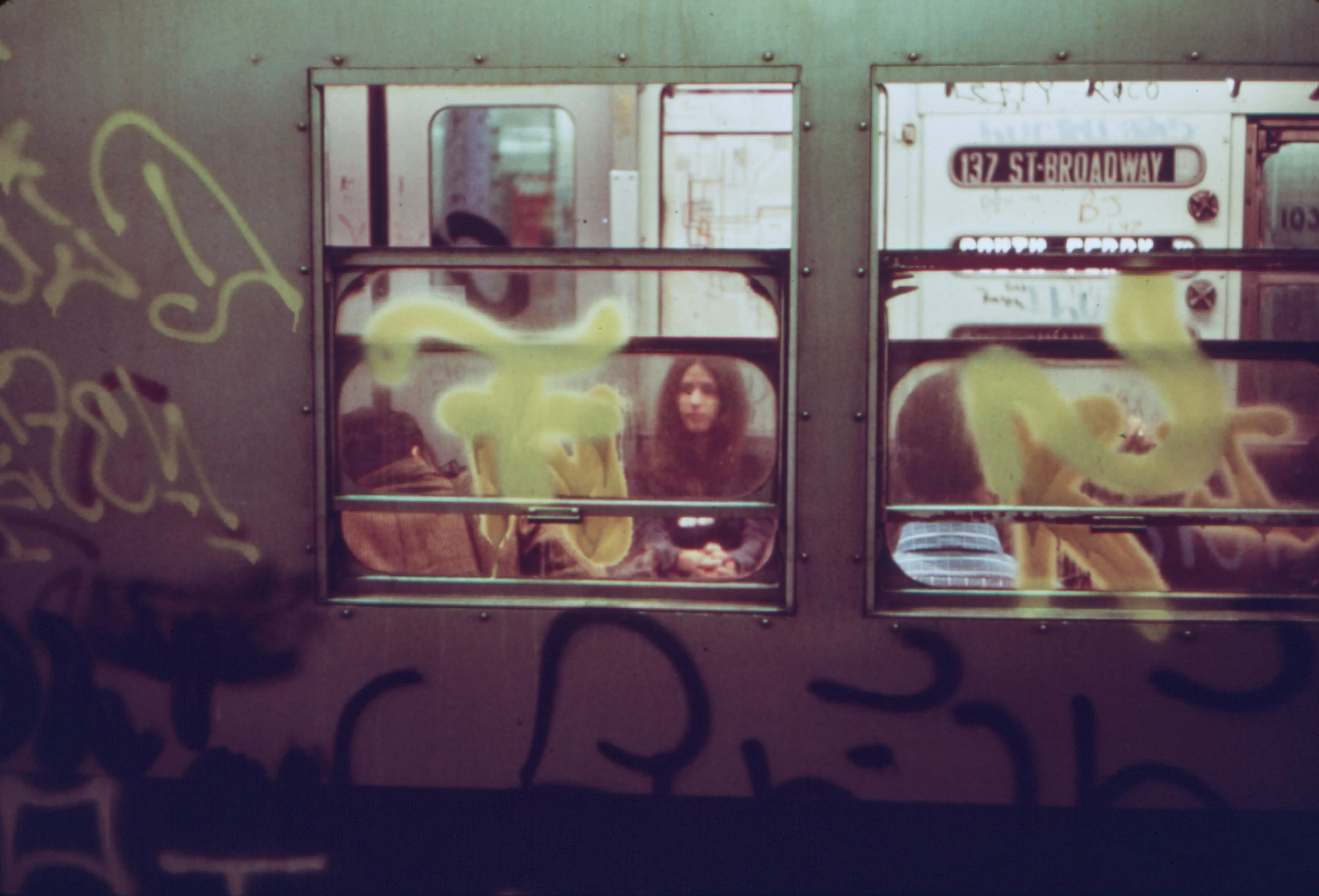 Broadway Local subway car with graffiti, New York City, New York, May, 1973