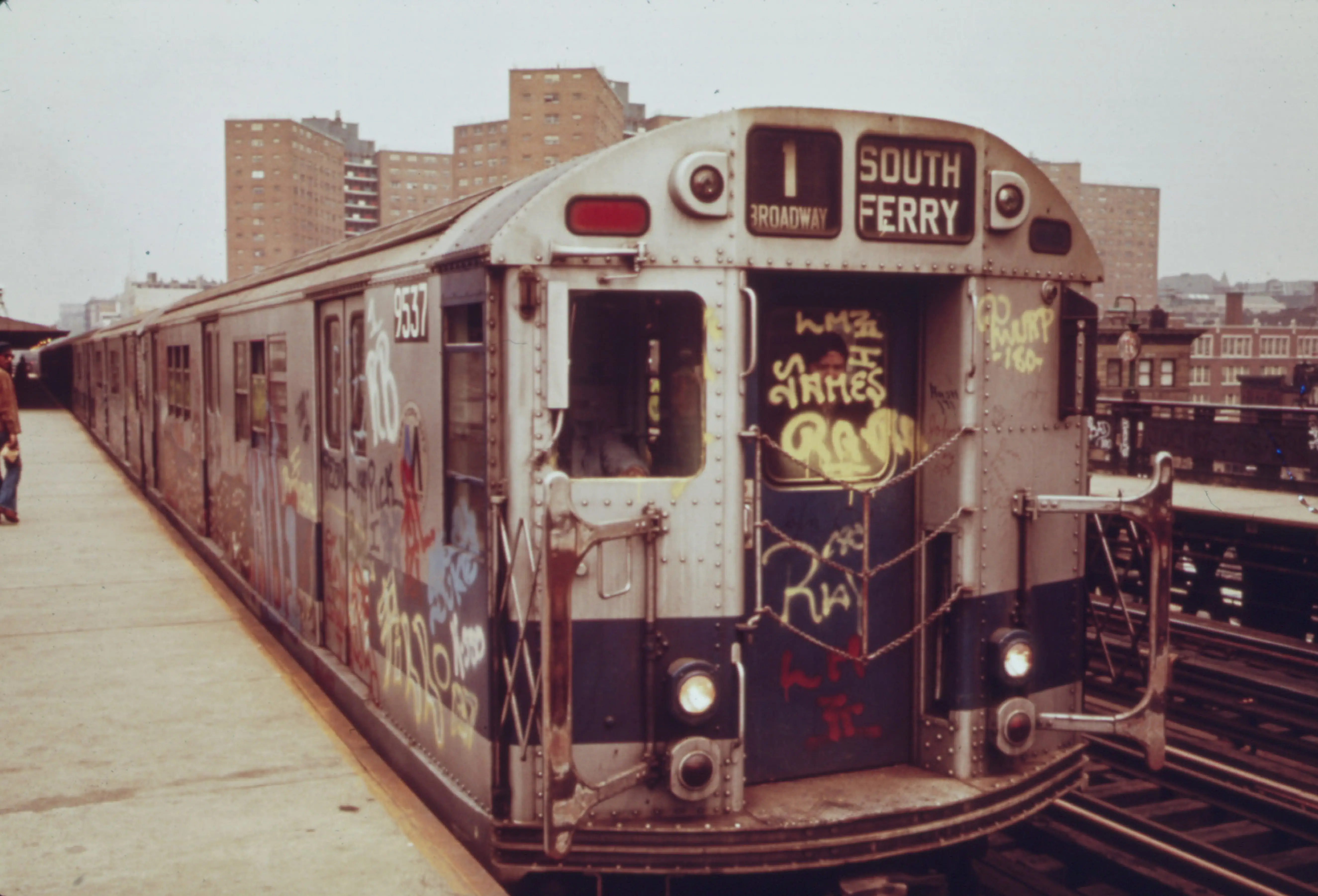 A subway car marked with extensive graffiti, New York City, New York, May, 1973. I