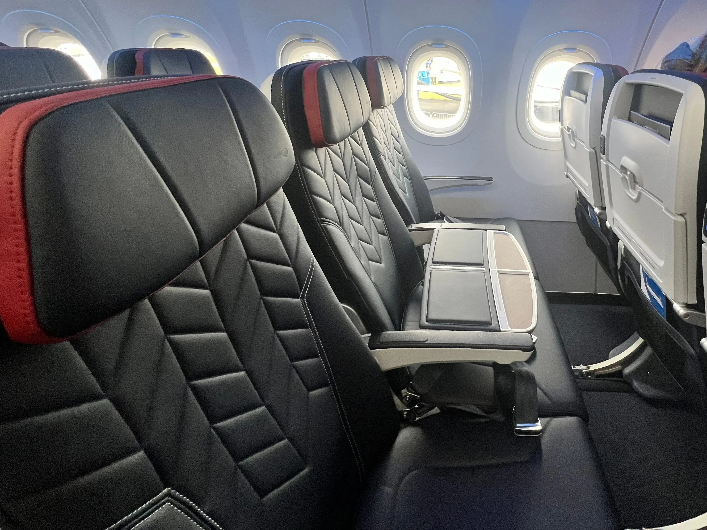 A row of Club Europe seats on a new British Airways Airbus A320neo.