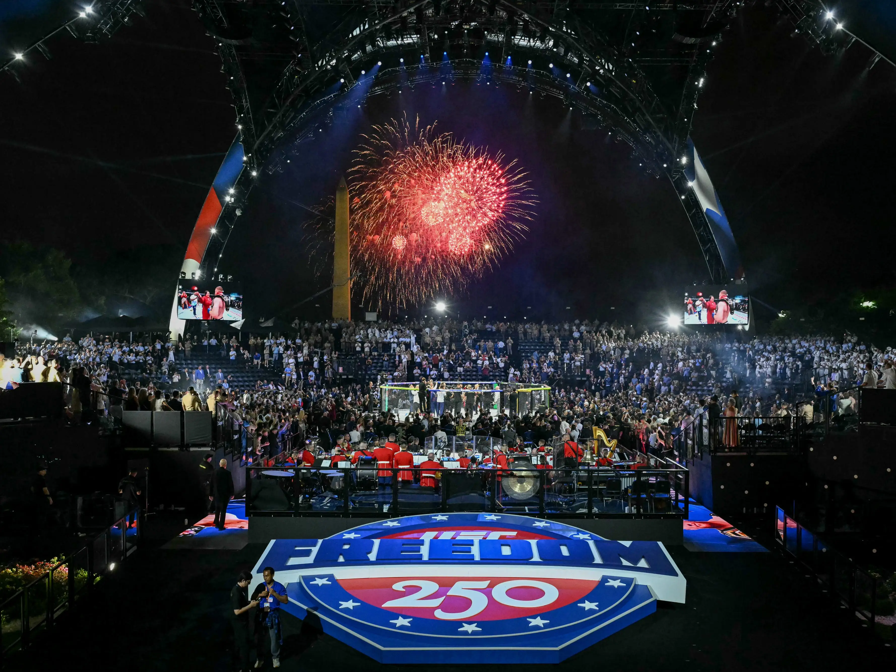 UFC cage with crowd and fireworks at the White House