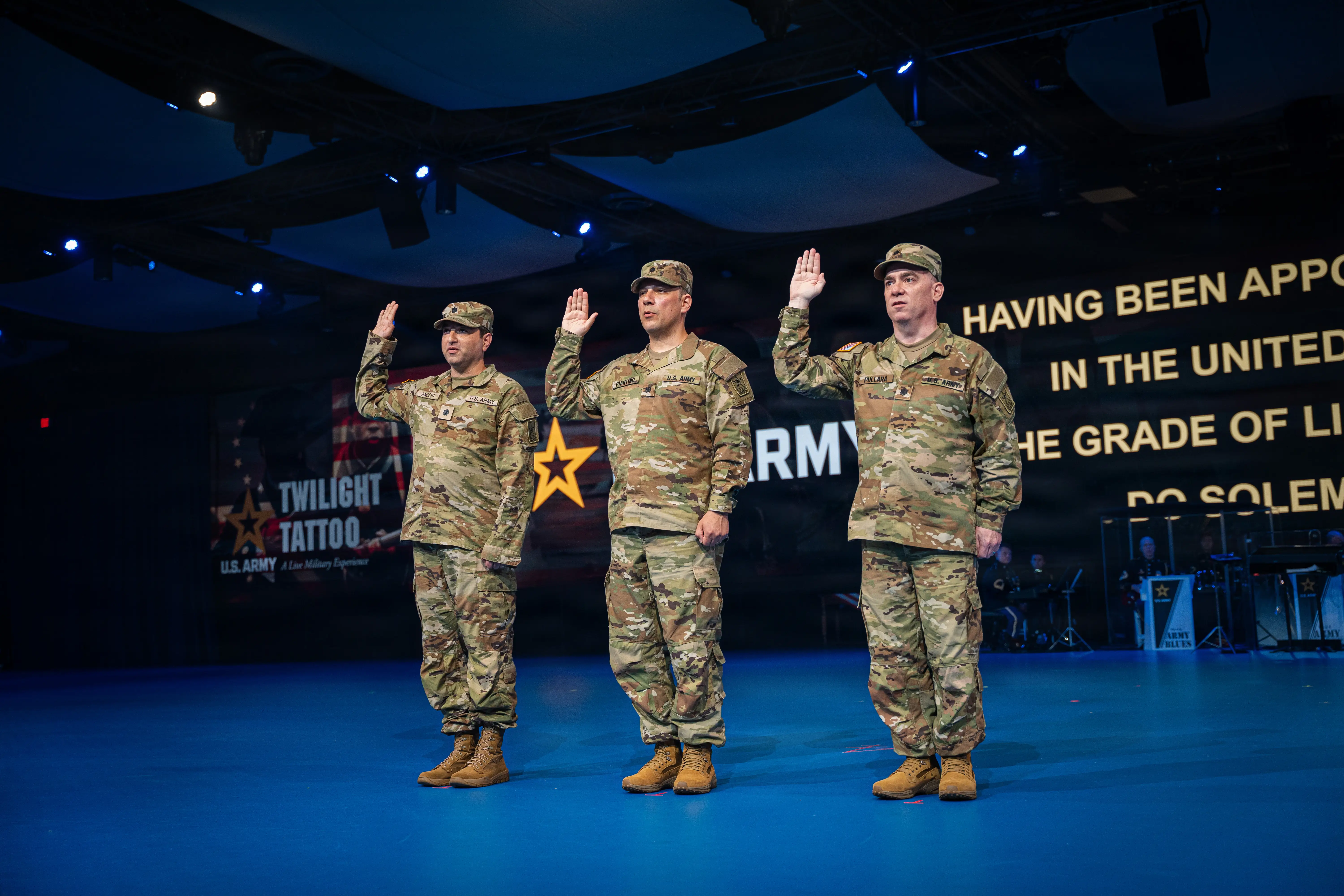 Tech industry executives Dane Knecht, Serkan Piantino, and Sam Pullara commissioned into the Army's reserve ranks at a military base in Virginia, June 10, 2026.