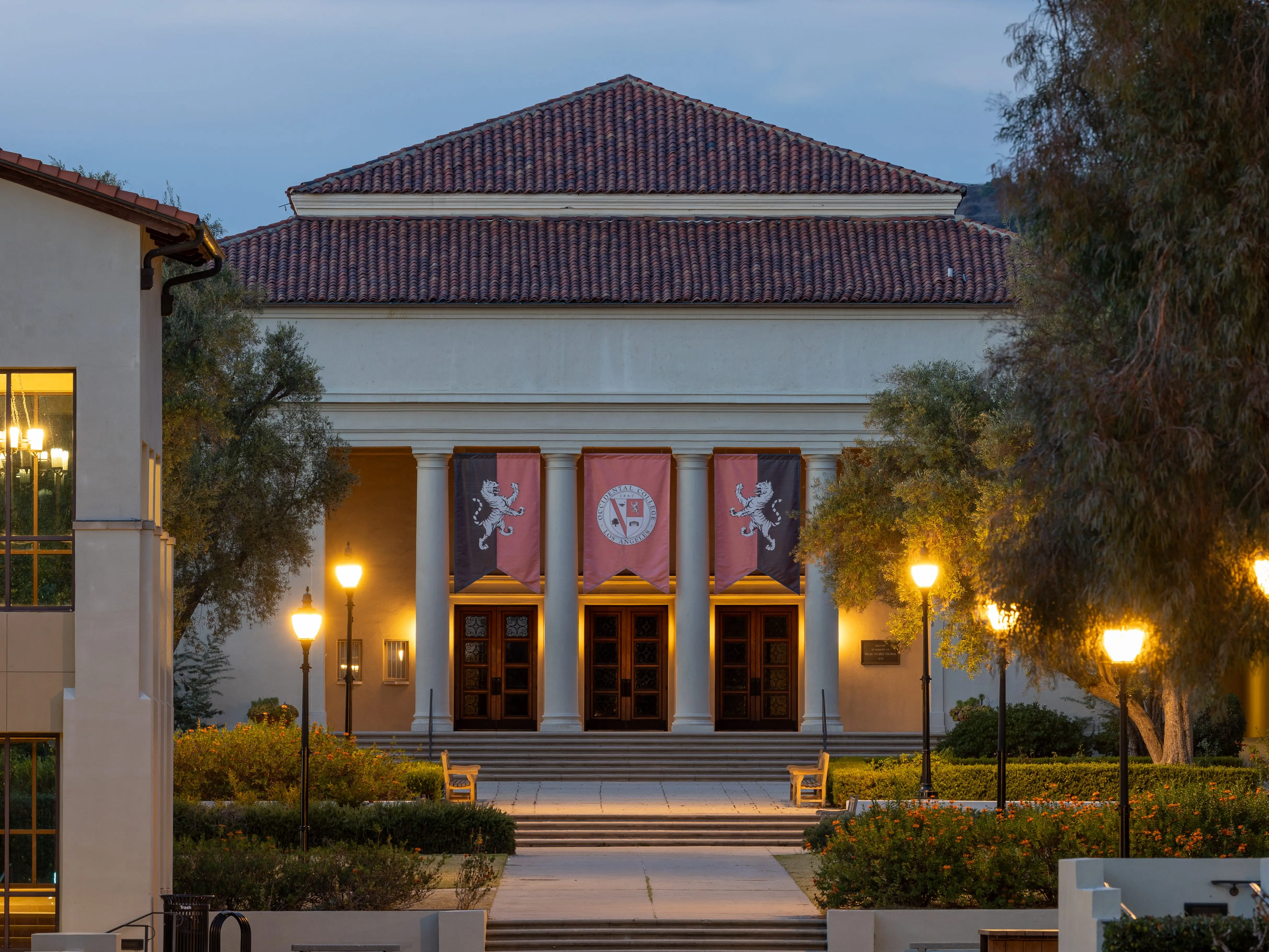 Los Angeles, CA - December 20, 2023: Academic building at dusk on the campus of Occidental College