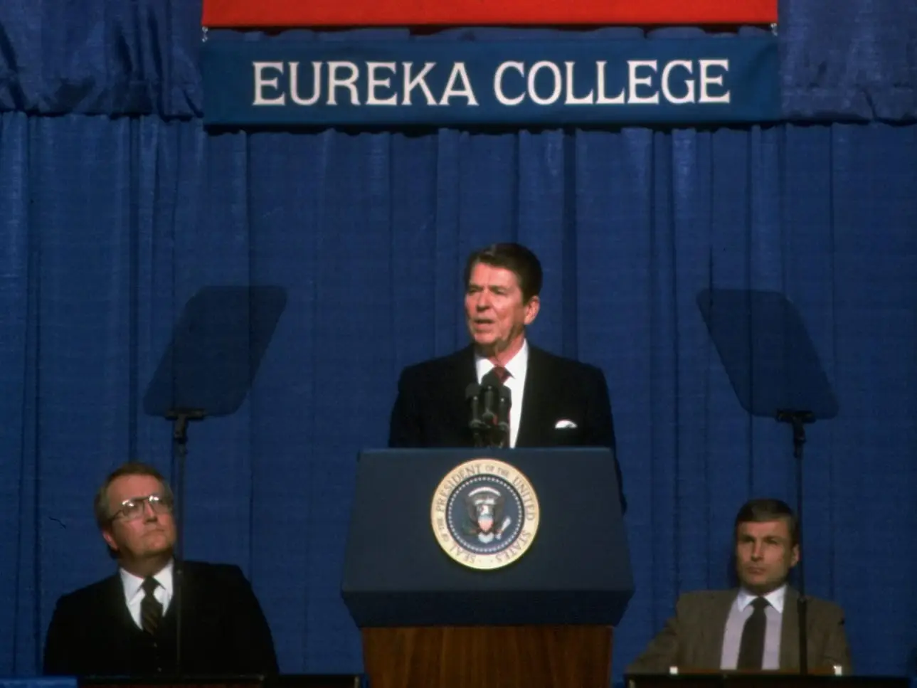 ILLINOIS, UNITED STATES - FEBRUARY 1984: President Ronald Reagan speaking into microphone at his alma mater Eureka College, during its 129th anniversary and his 73rd birthday, to inaugurate TIME magazines Distinguished Speakers program. (Photo by Dirck Halstead/Getty Images)