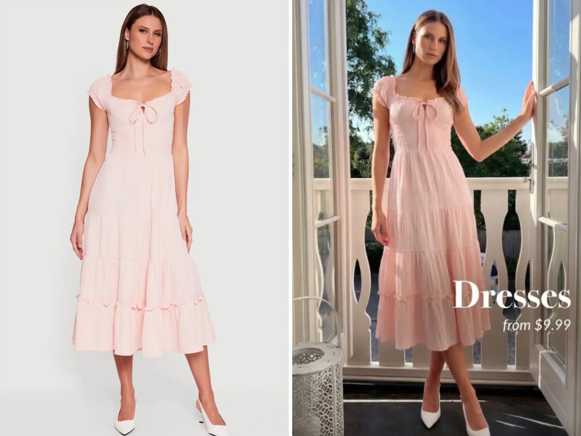 A Rainbow model is pictured in an e-commerce shot on the left. The photo on the right shows a similar looking model, but in a different position and location.